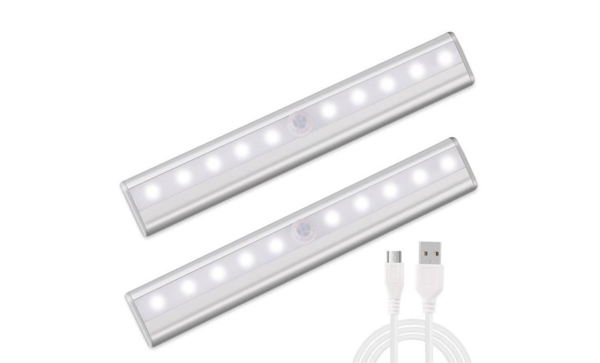 10led lampe escalier pir détecteur de mouvement [2 pack], usb rechargeable, veilleuse sans fil pour maison cuisine et bureau (blanc)
