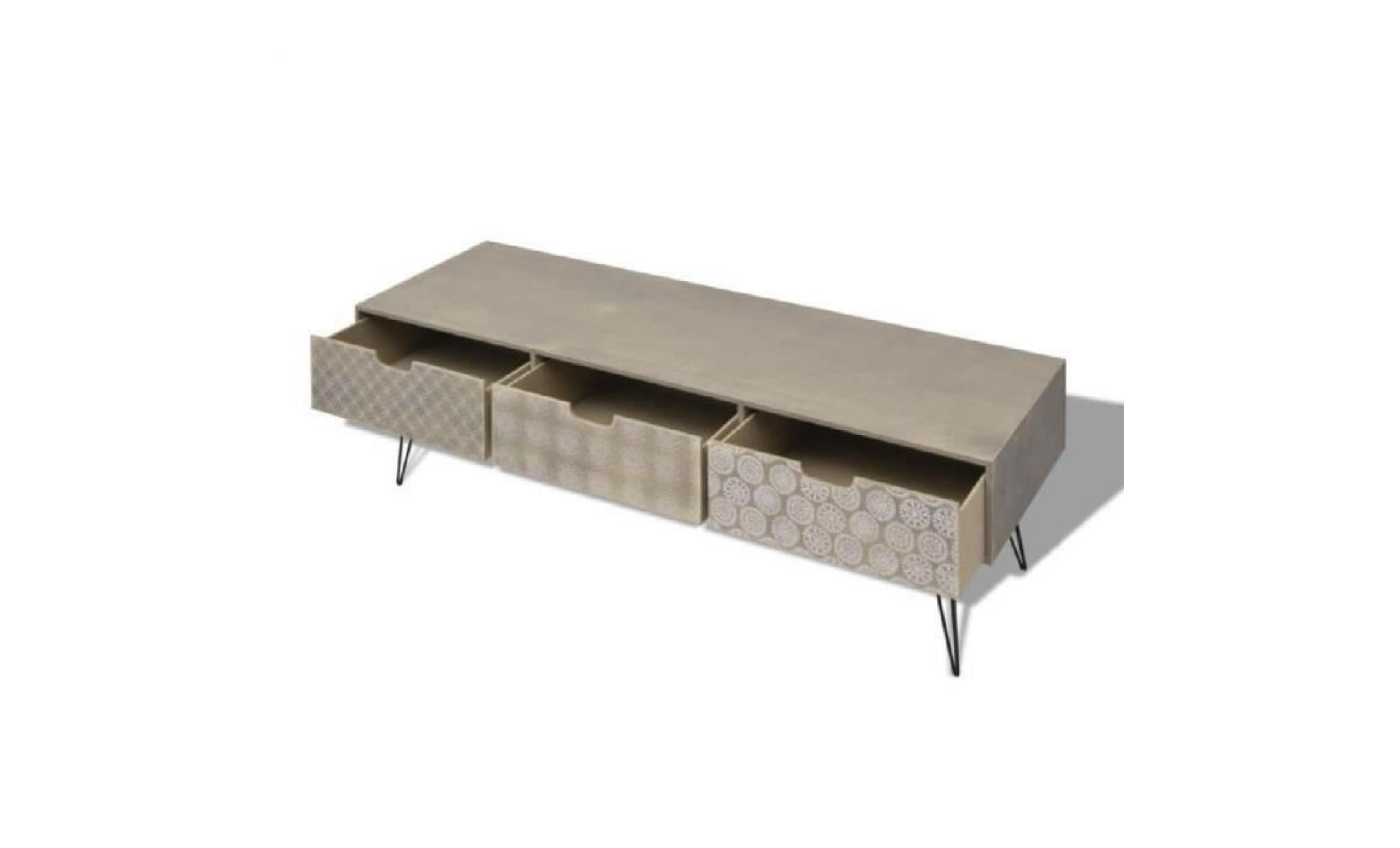 120 x 40 x 36 cm meuble tv en mdf + acier avec 3 tiroirs meuble hi fi table d'appoint décoration maison gris