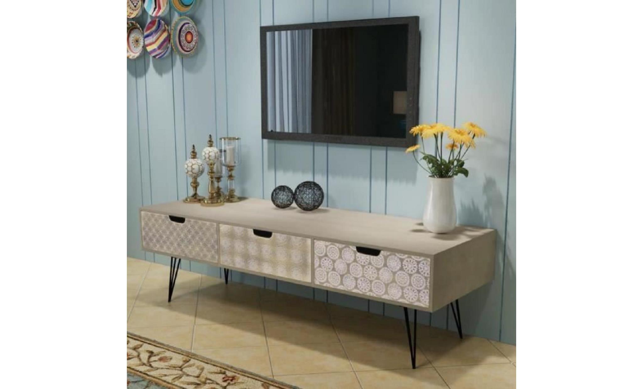 120 x 40 x 36 cm meuble tv en mdf + acier avec 3 tiroirs meuble hi fi table d'appoint décoration maison gris pas cher