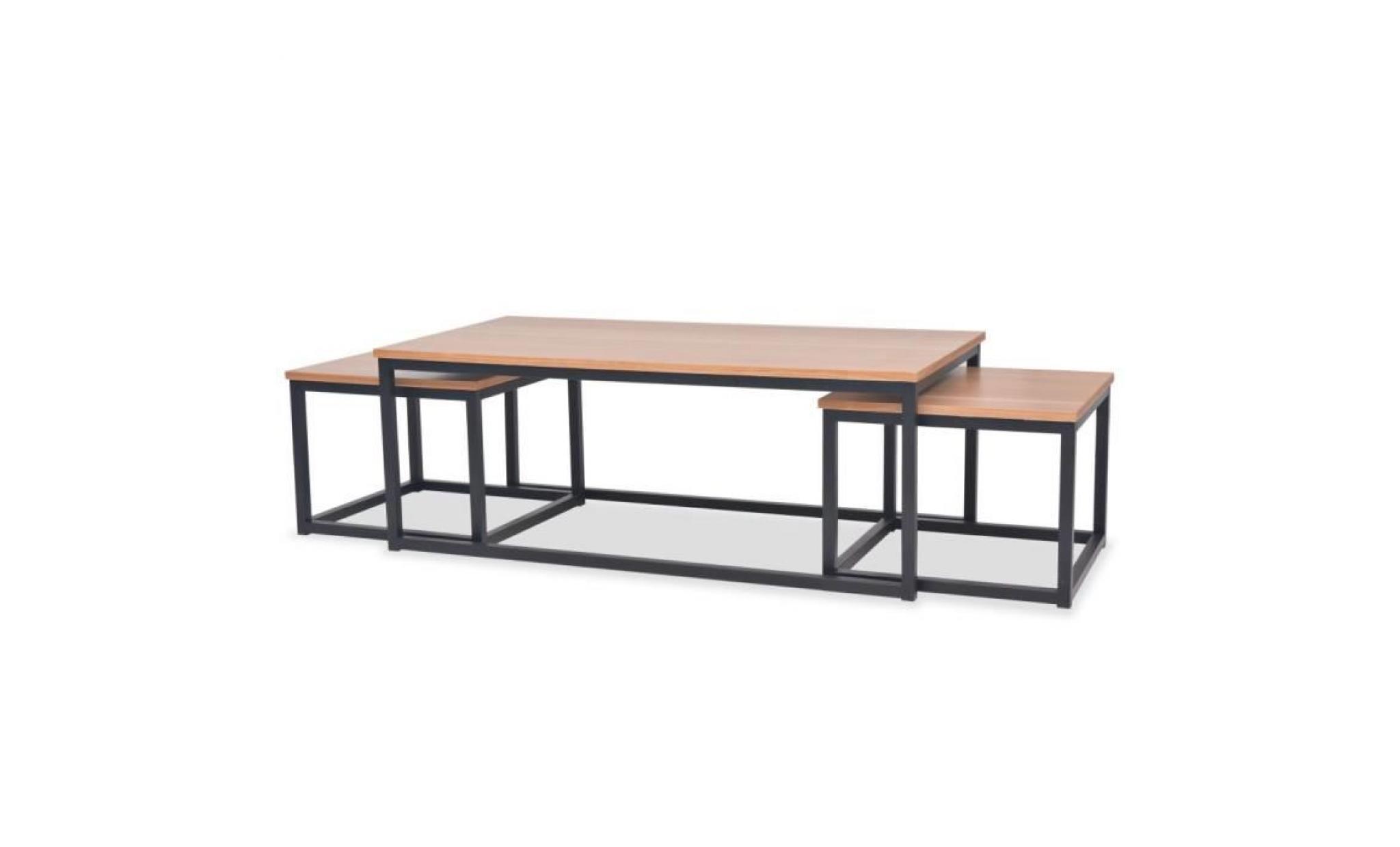 3 pcs table basse gigogne en bois de frêne style industriel pour salon