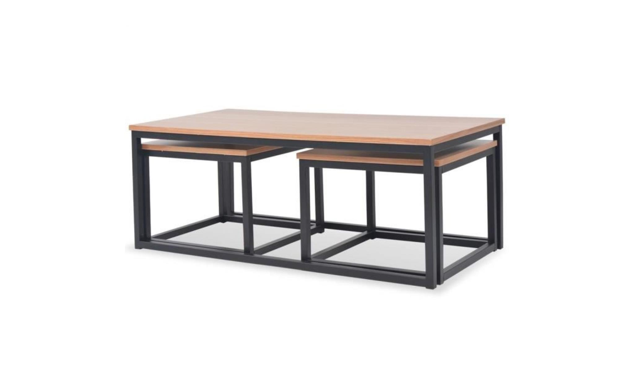 3 pcs table basse table de salon 1pc grand+2pcs petit bois de frêne marron et noir pas cher