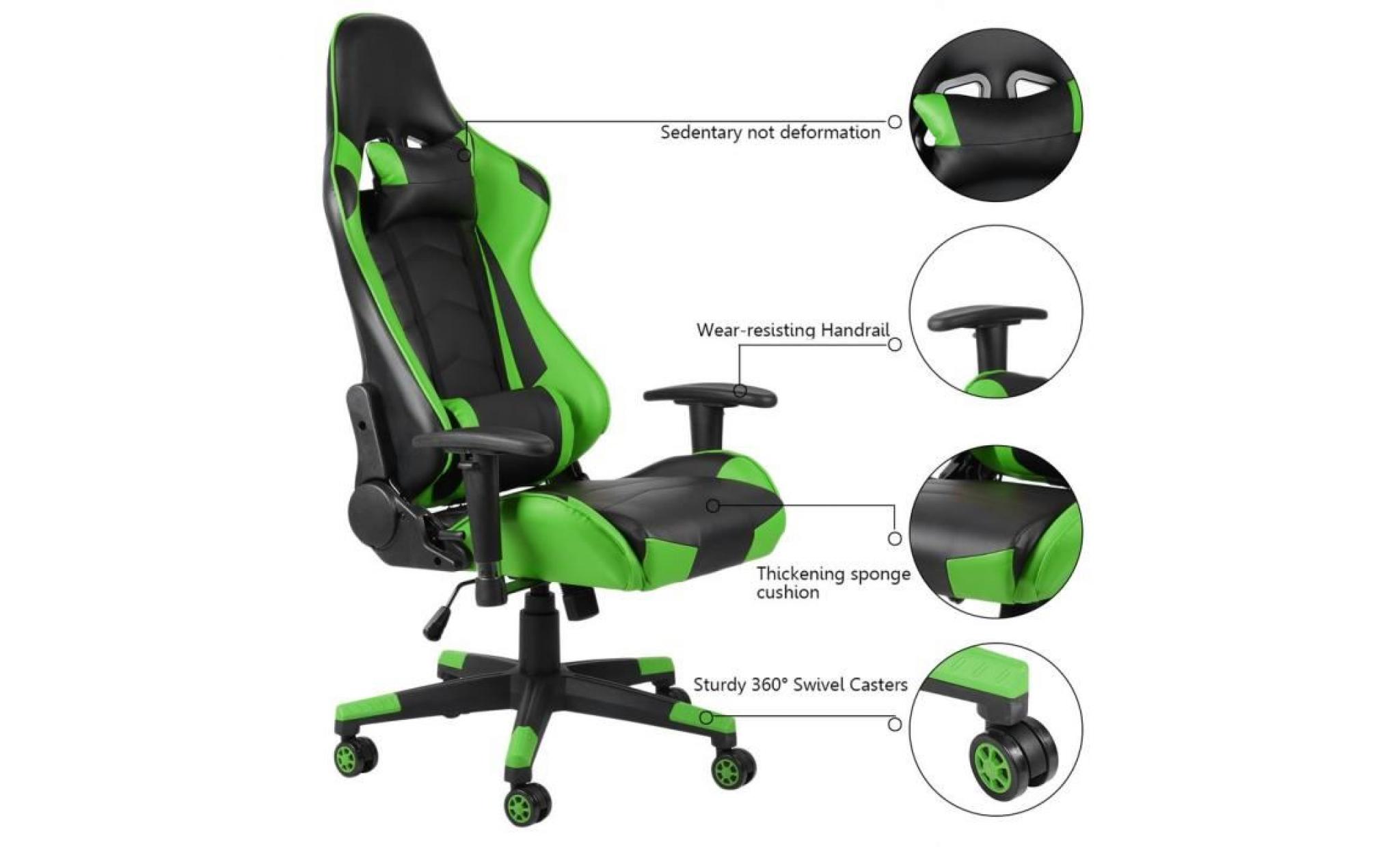 360 degrés de rotation siège gaming chaise de jeux avec pivot d'appui tête vert pas cher