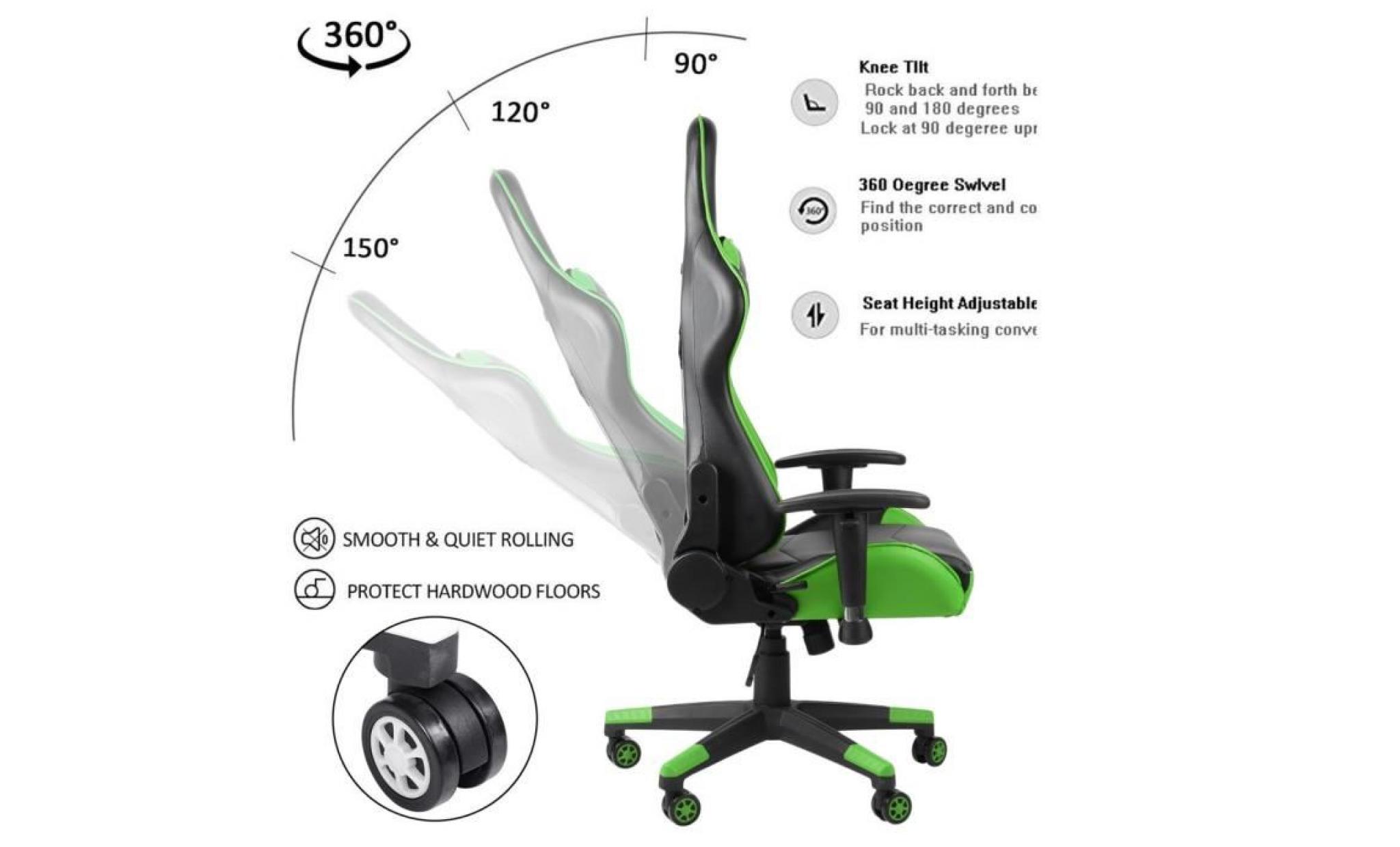 360 degrés de rotation siège gaming chaise de jeux avec pivot d'appui tête vert pas cher