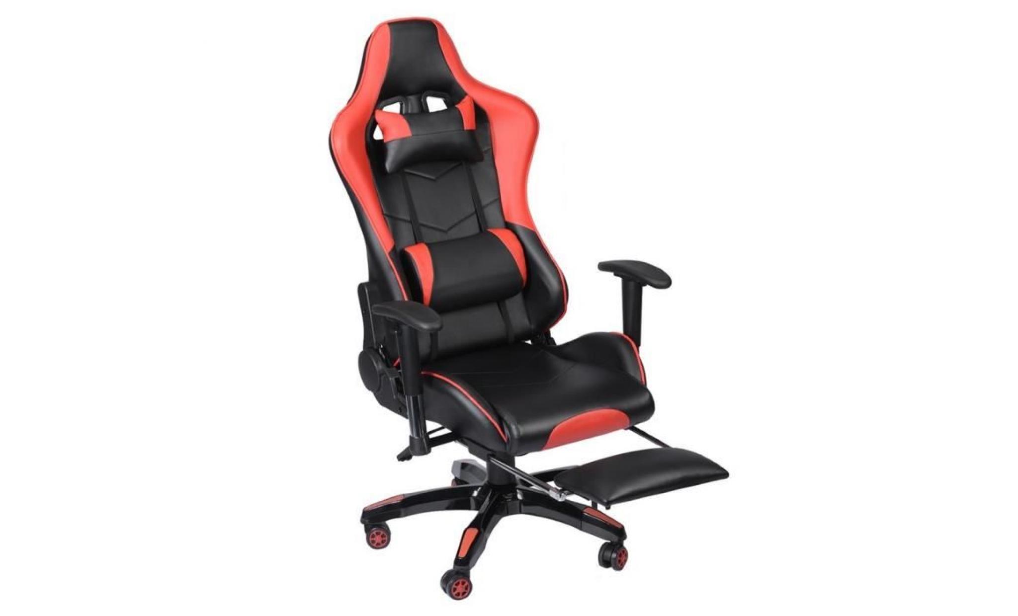 360° rotation fauteuil gamer chaise de jeu de bureau hauteur réglable avec repose pied roues siège pu rouge
