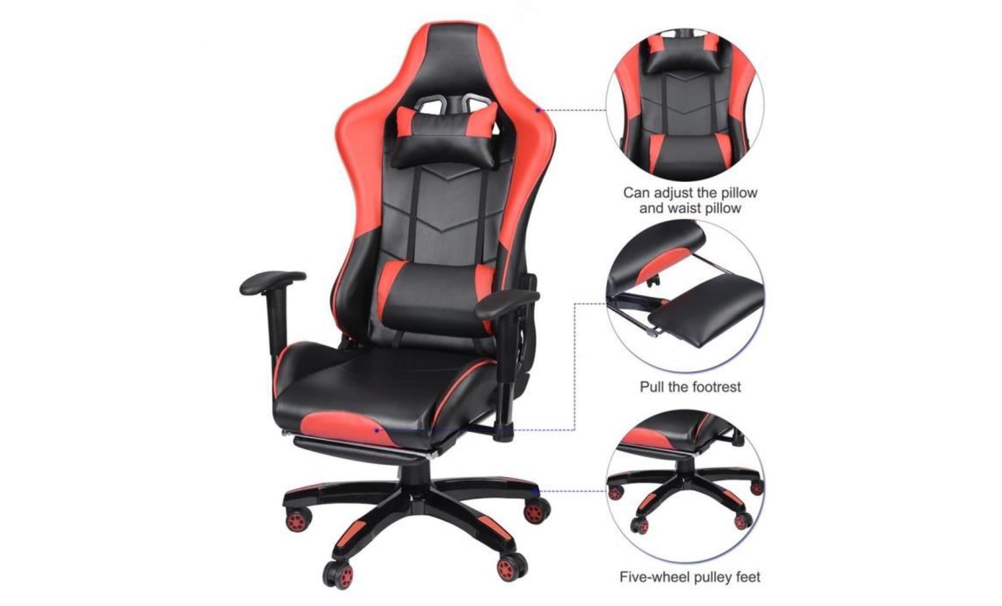 360° rotation fauteuil gamer chaise de jeu de bureau hauteur réglable avec repose pied roues siège pu rouge pas cher