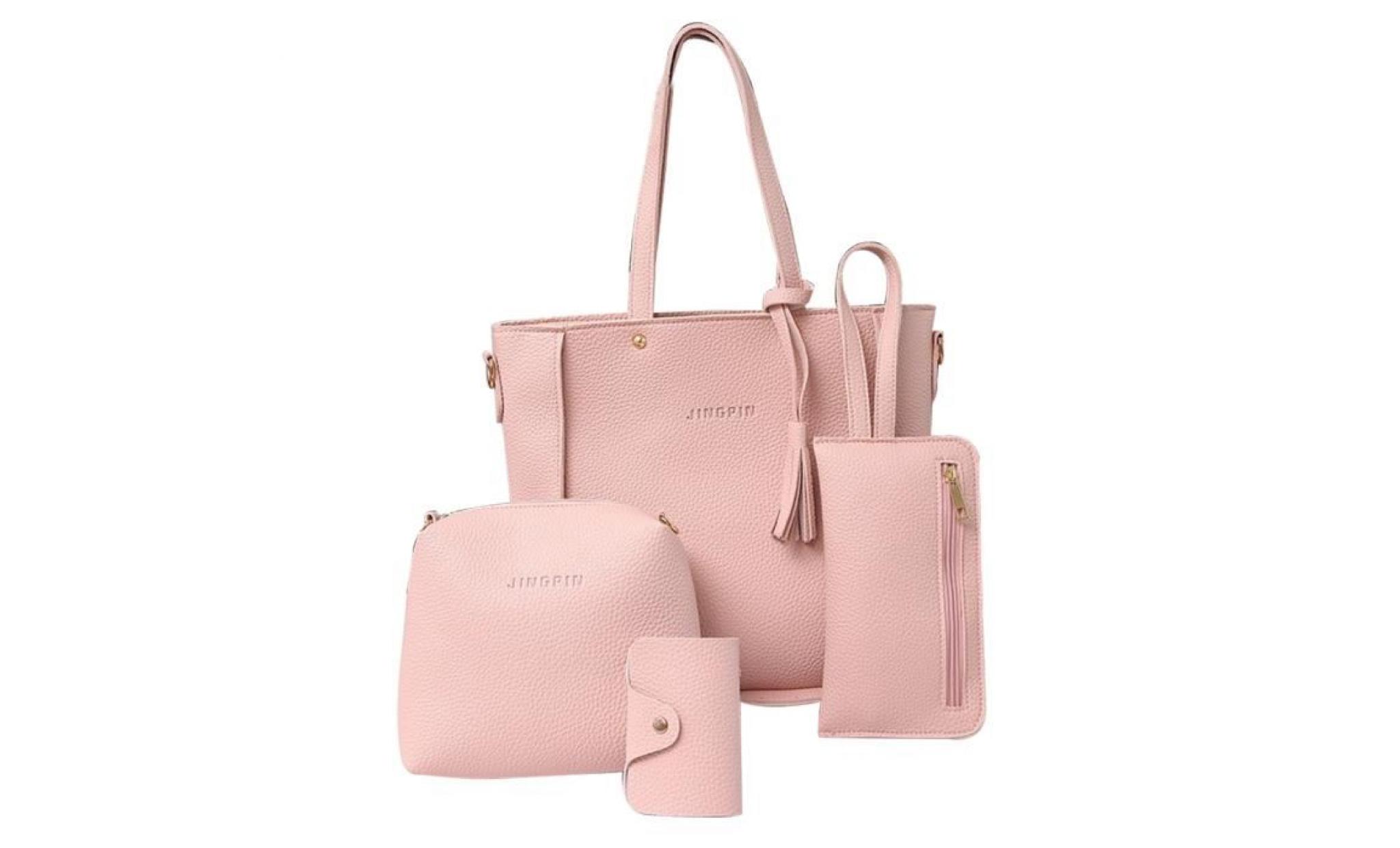 4pcs luxe mode femmes glands portefeuille titulaire de la carte sac à main bandoulière sac ensemble rose