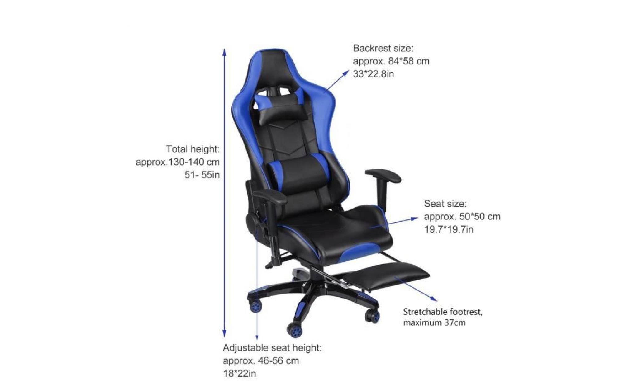 5 pcs fauteuil gamer chaise de jeu avec repose pied, pivot à 135° hauteur réglable bleu pas cher