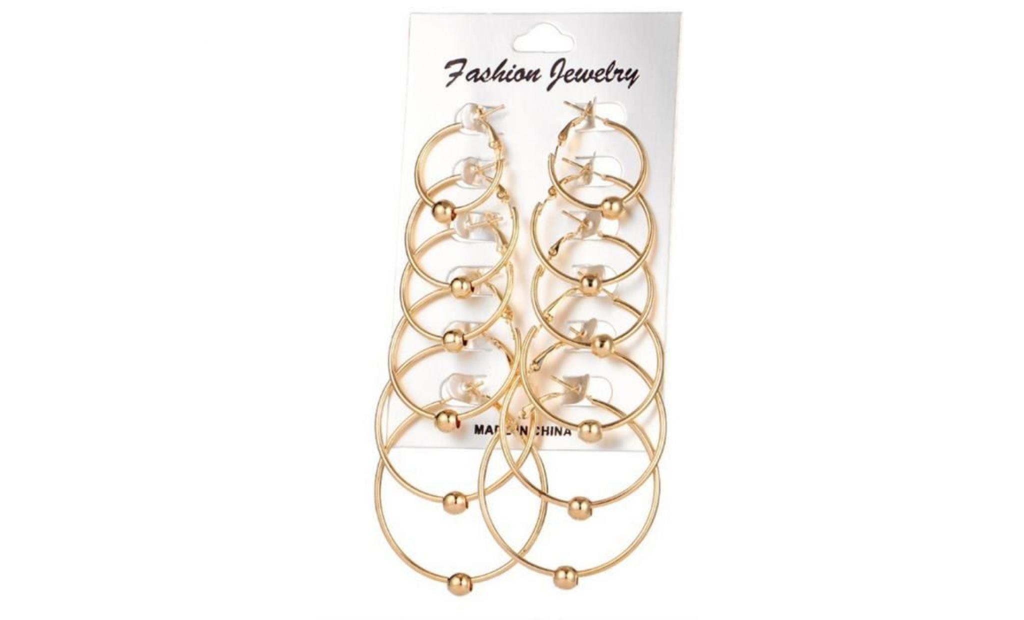 6 paires de mode grand cercle rond hoop boucles d'oreilles balle pendentif bijoux femmes doré