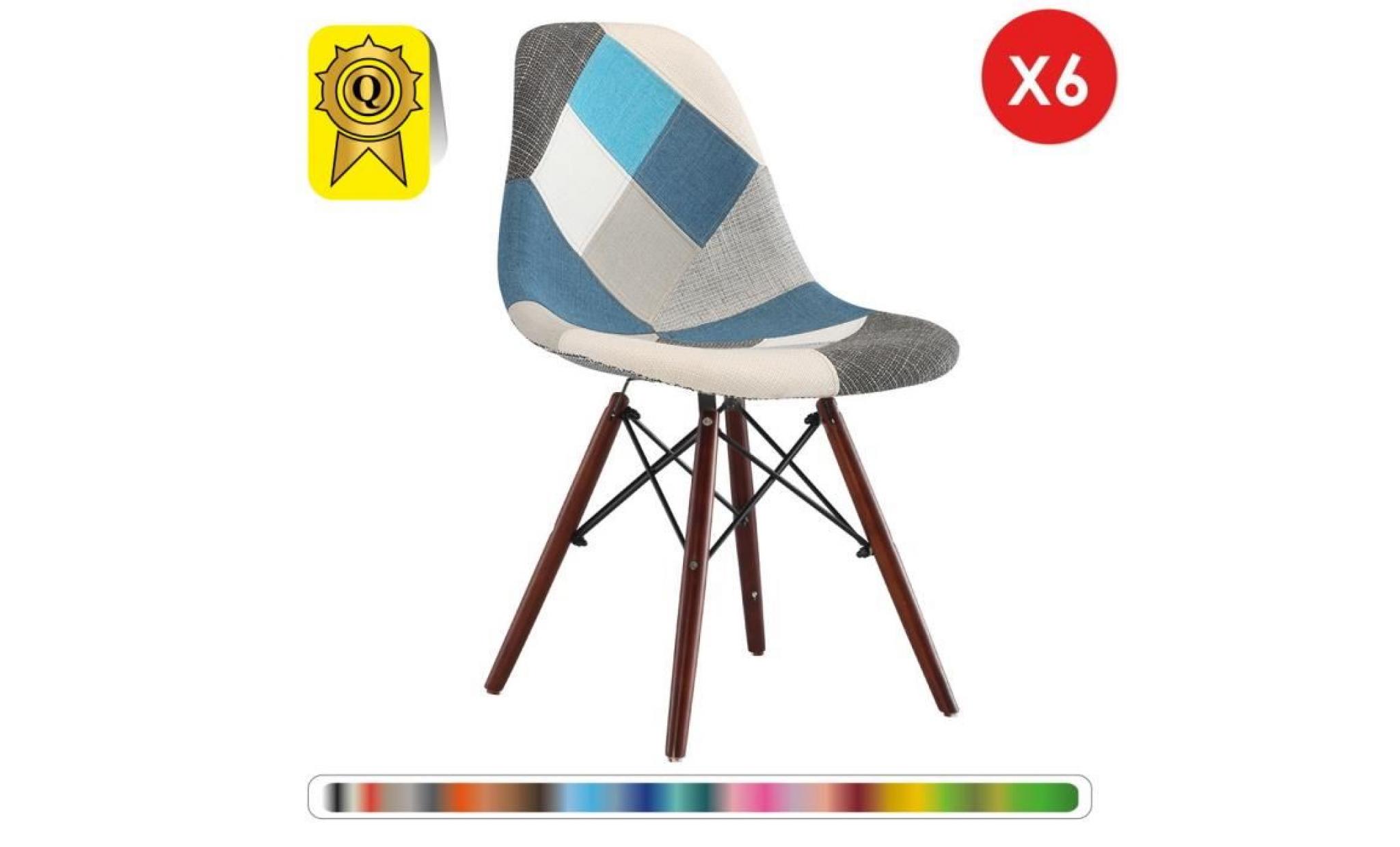 6 x chaise design scandinave   patchwork bleu pieds  bois vernis noyer  decopresto dp dswd pcb 6