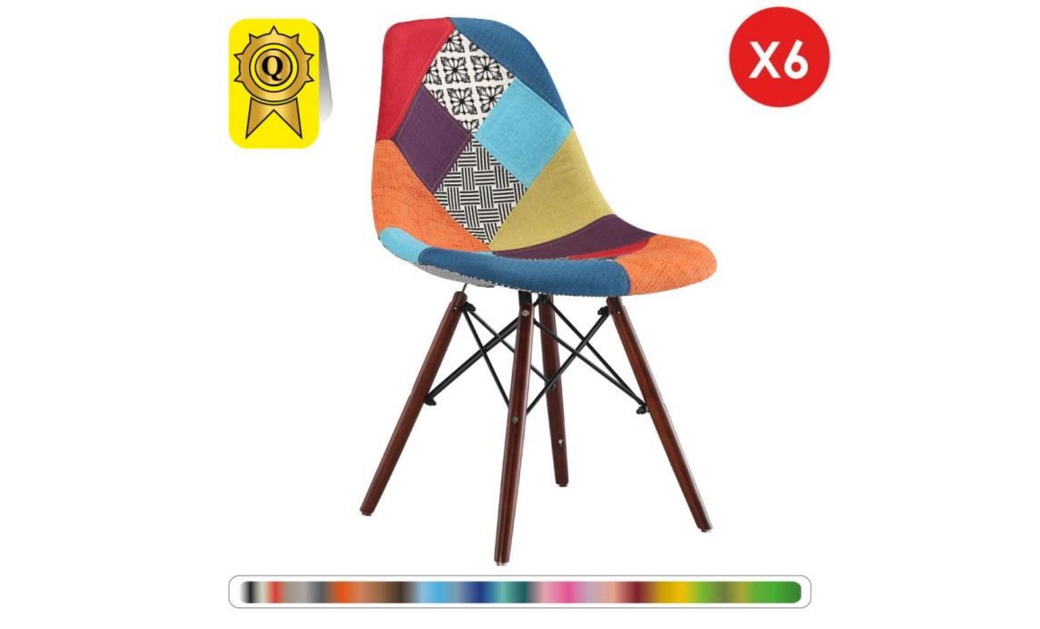 6 x chaise design scandinave   patchwork couleur pieds  bois vernis noyer  decopresto dp dswd pc 6