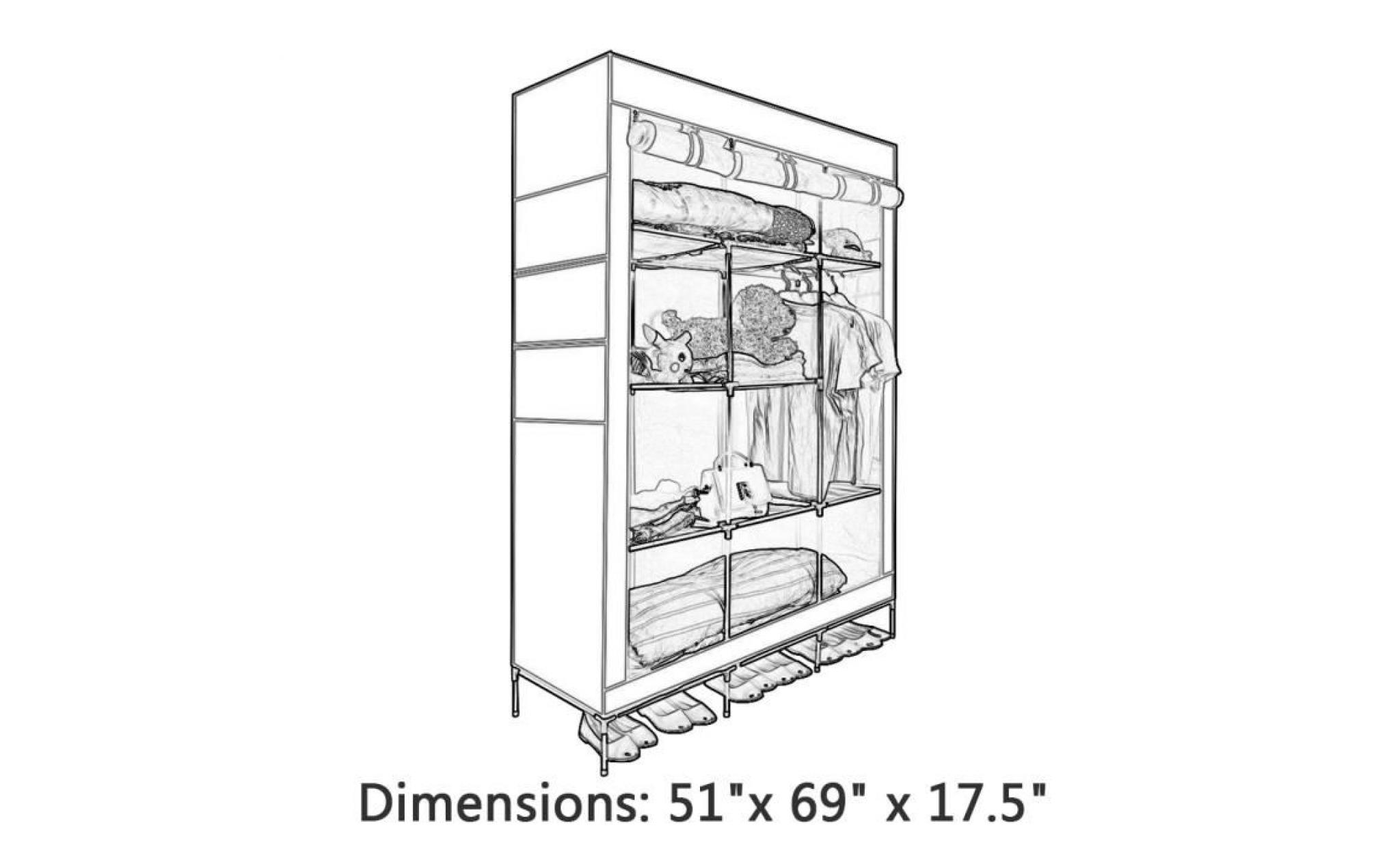 armoire refermable diy avec penderie rangement étagère armoire à vêtements armoire en tissu 129.5x175x44.5cm pas cher