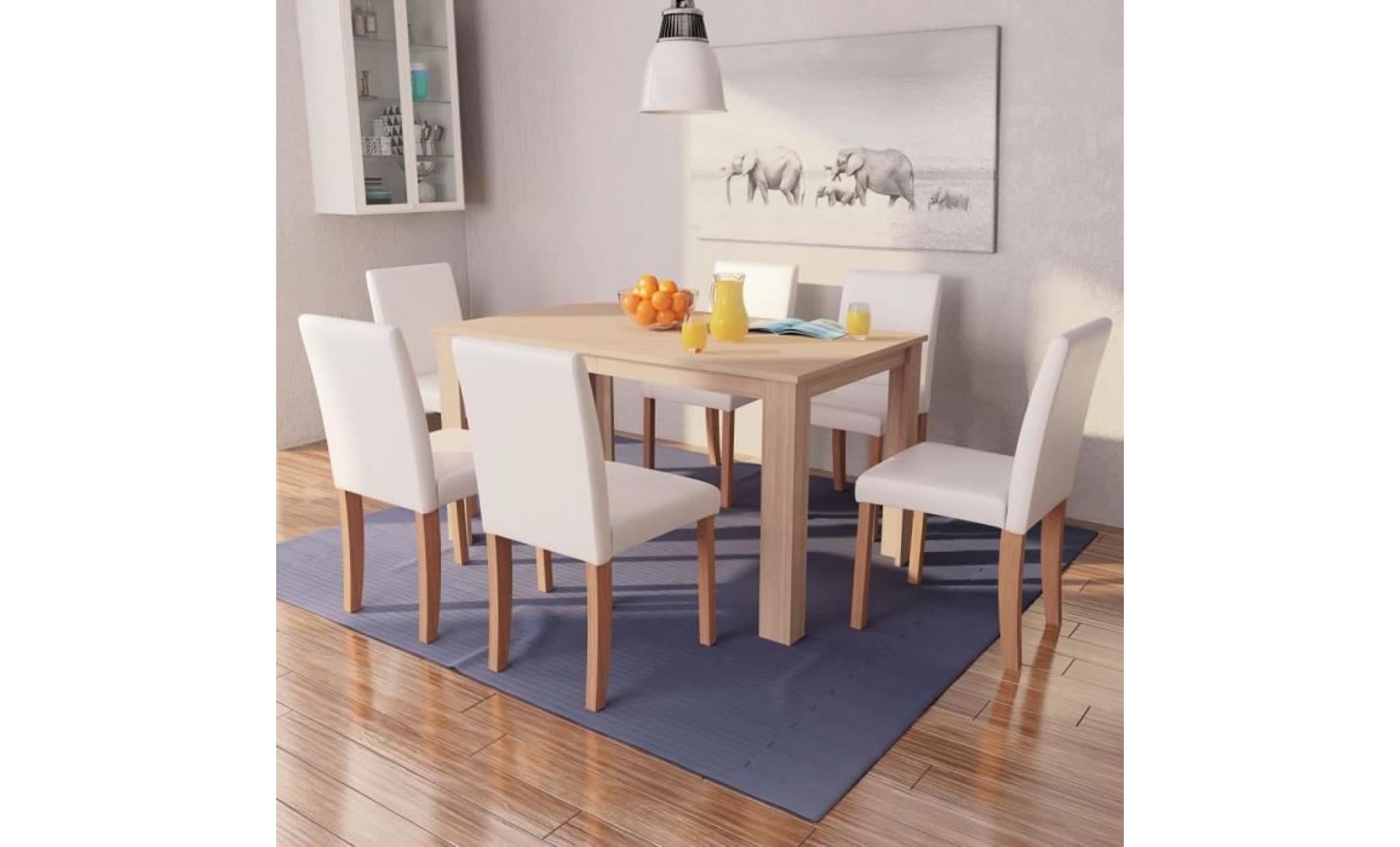 7 pcs ensemble pour salle à manger 1 table et 6 chaises en cuir synthétique chêne couleur crème