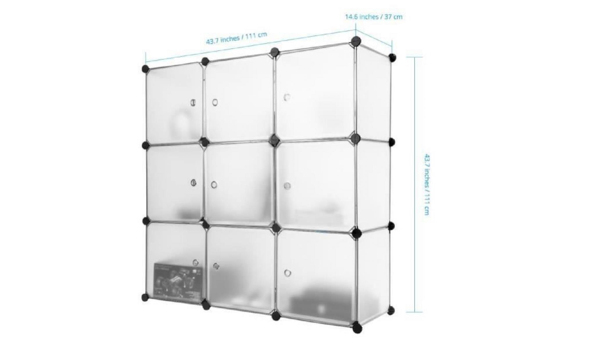 9 cube armoire de chambre modulable panneaux plastique meuble Étagères de rangement avec portes translucide blanc langria