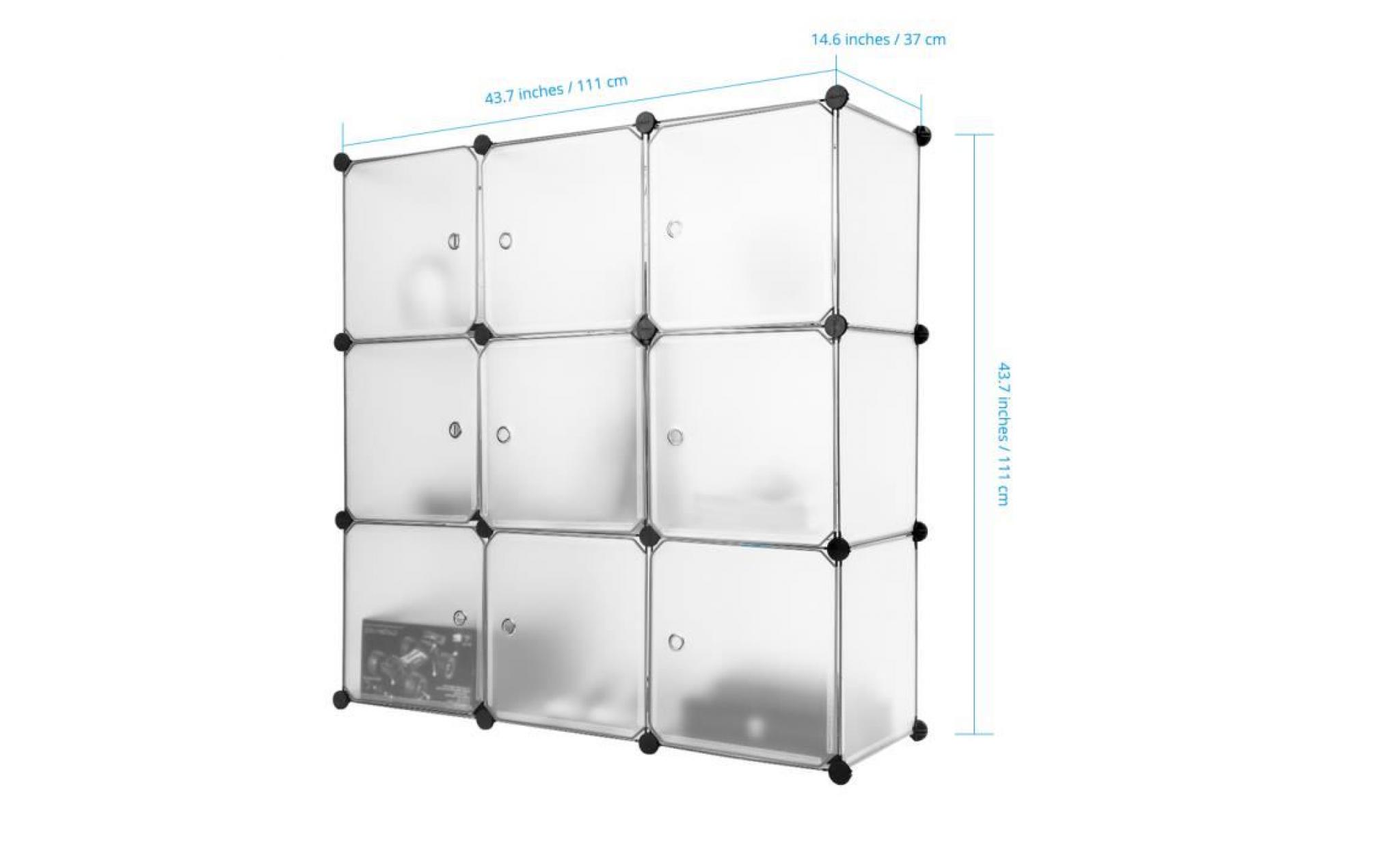 9 cube armoire de chambre panneaux plastique meuble Étagères de rangement avec portes translucide blanc langria pas cher