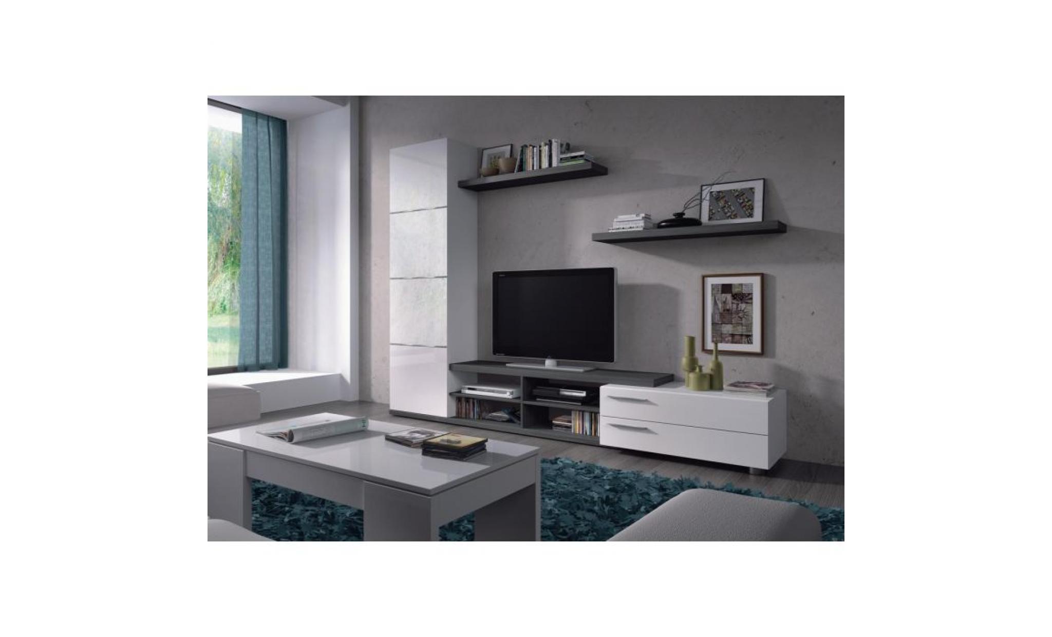 adhara meuble tv + 2 étagères murales mélaminés blancs brillants et gris cendré   l 240 cm