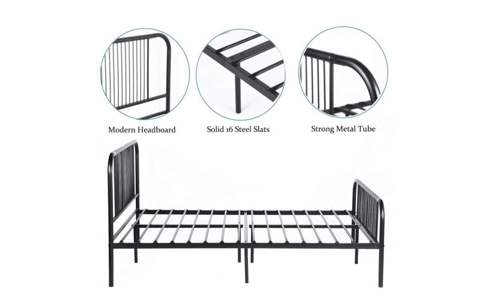 aingoo lit double 140x190 cm cadre de lit en métal avec lattes en acier, design lisse pour votre chambre à coucher, blanc pas cher