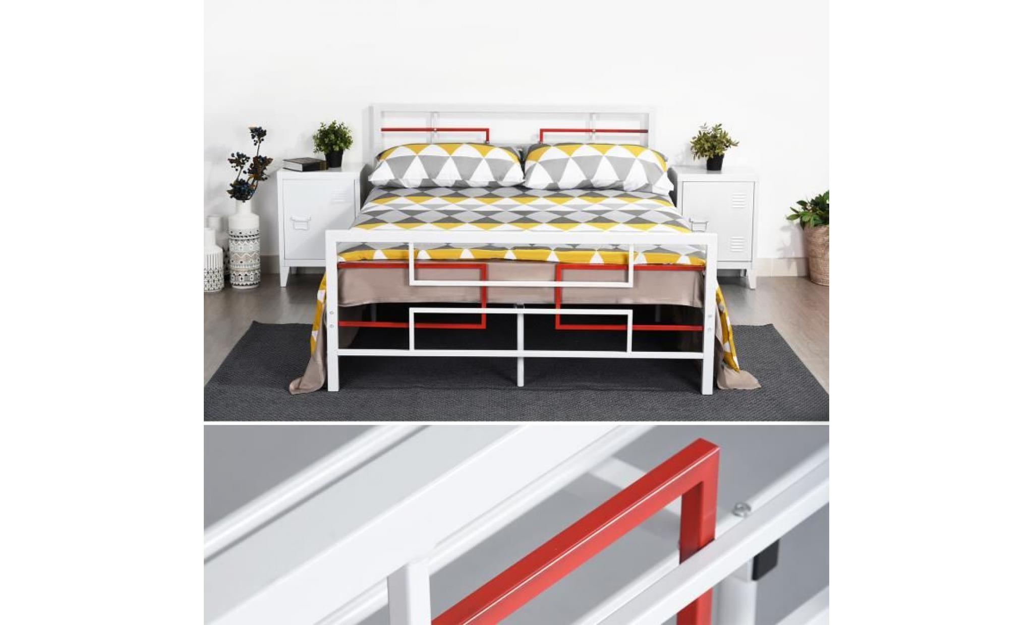 aingoo lit double en métal, matelas de plate forme remplacez le sommier avec la tête de lit et les pédales, (140 x 190cm), blanc pas cher