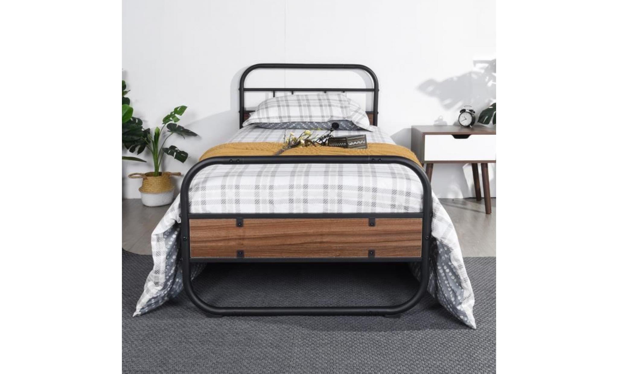 aingoo lit simple cadre en métal massif avec tête de lit en bois et pied de lit pour adultes enfants pour 90 * 190 cm matelas, noir