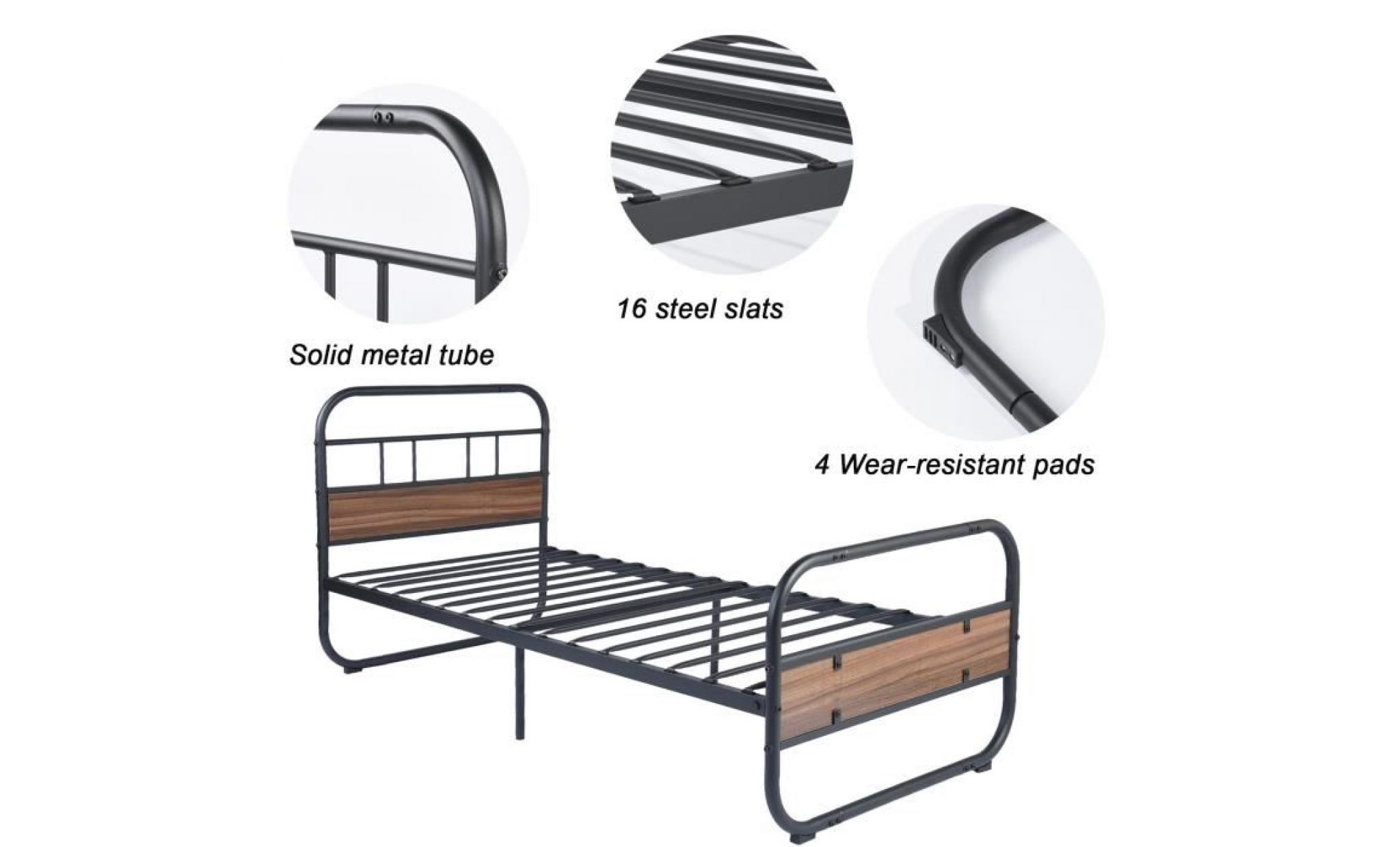 aingoo lit simple cadre en métal massif avec tête de lit en bois et pied de lit pour adultes enfants pour 90 * 190 cm matelas, noir pas cher