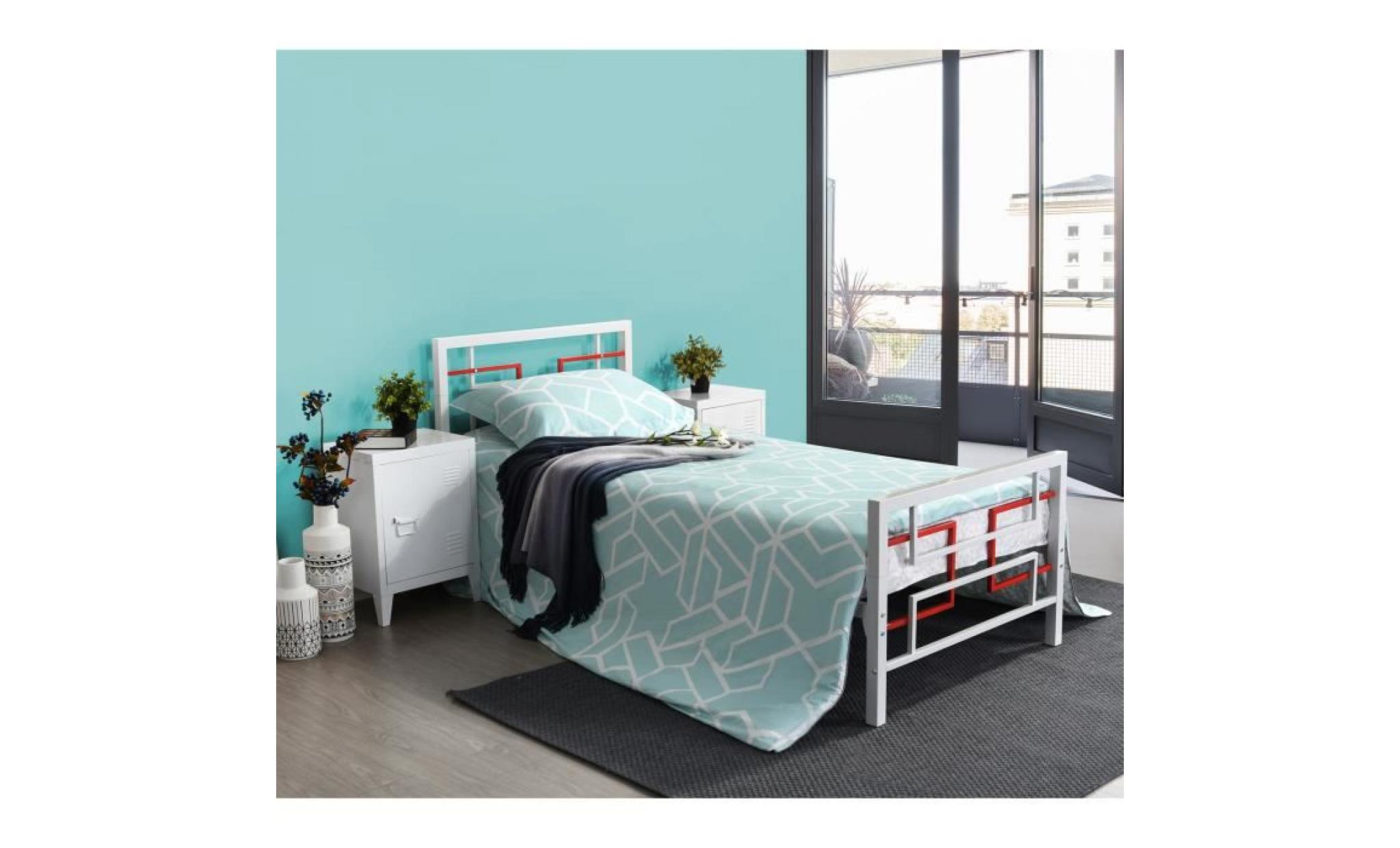 aingoo lit simple en métal, matelas de plate forme remplacez le sommier avec la tête de lit et les pédales, (90 x 190 cm), blanc