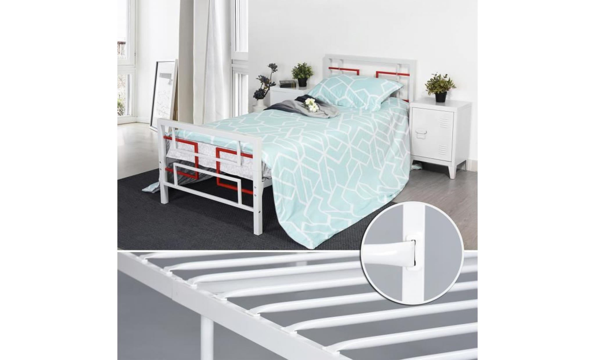 aingoo lit simple en métal, matelas de plate forme remplacez le sommier avec la tête de lit et les pédales, (90 x 190 cm), blanc pas cher