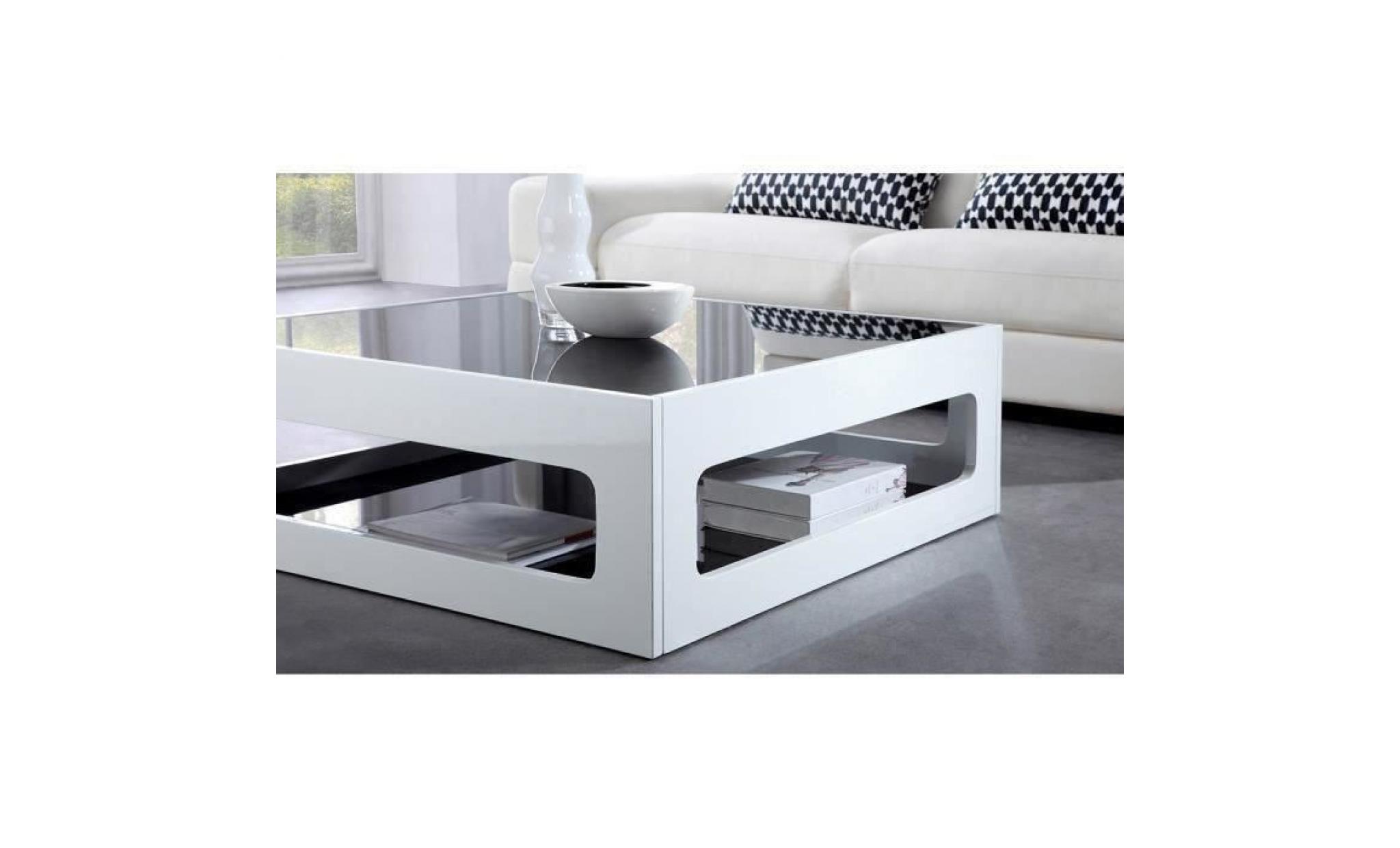 angel table basse carrée style contemporain laquée blanc brillant avec plateaux en verre trempé noir   l 90 x l 90 cm pas cher