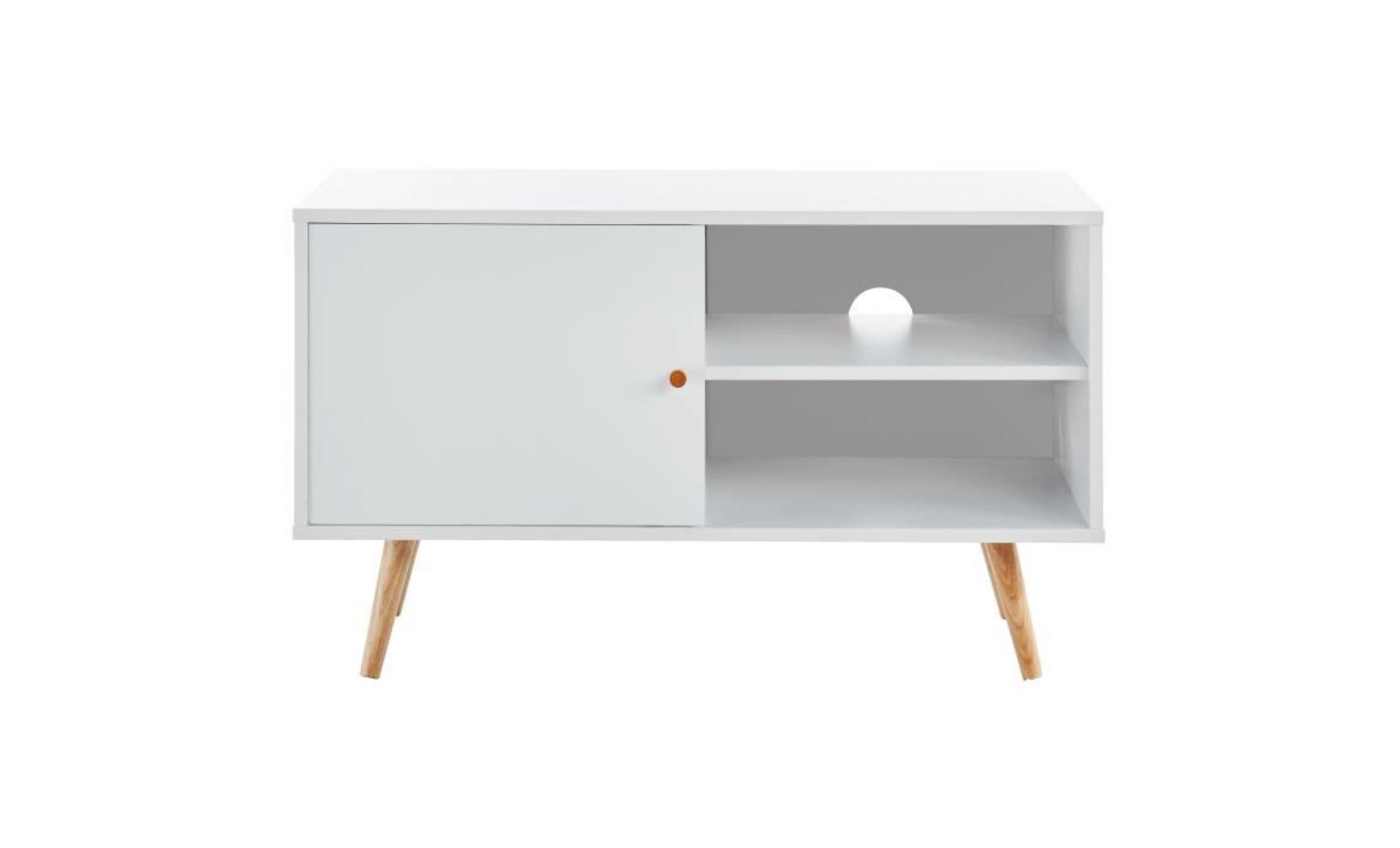 annette meuble tv scandinave décor blanc + pieds en bois massif   l 90 cm pas cher