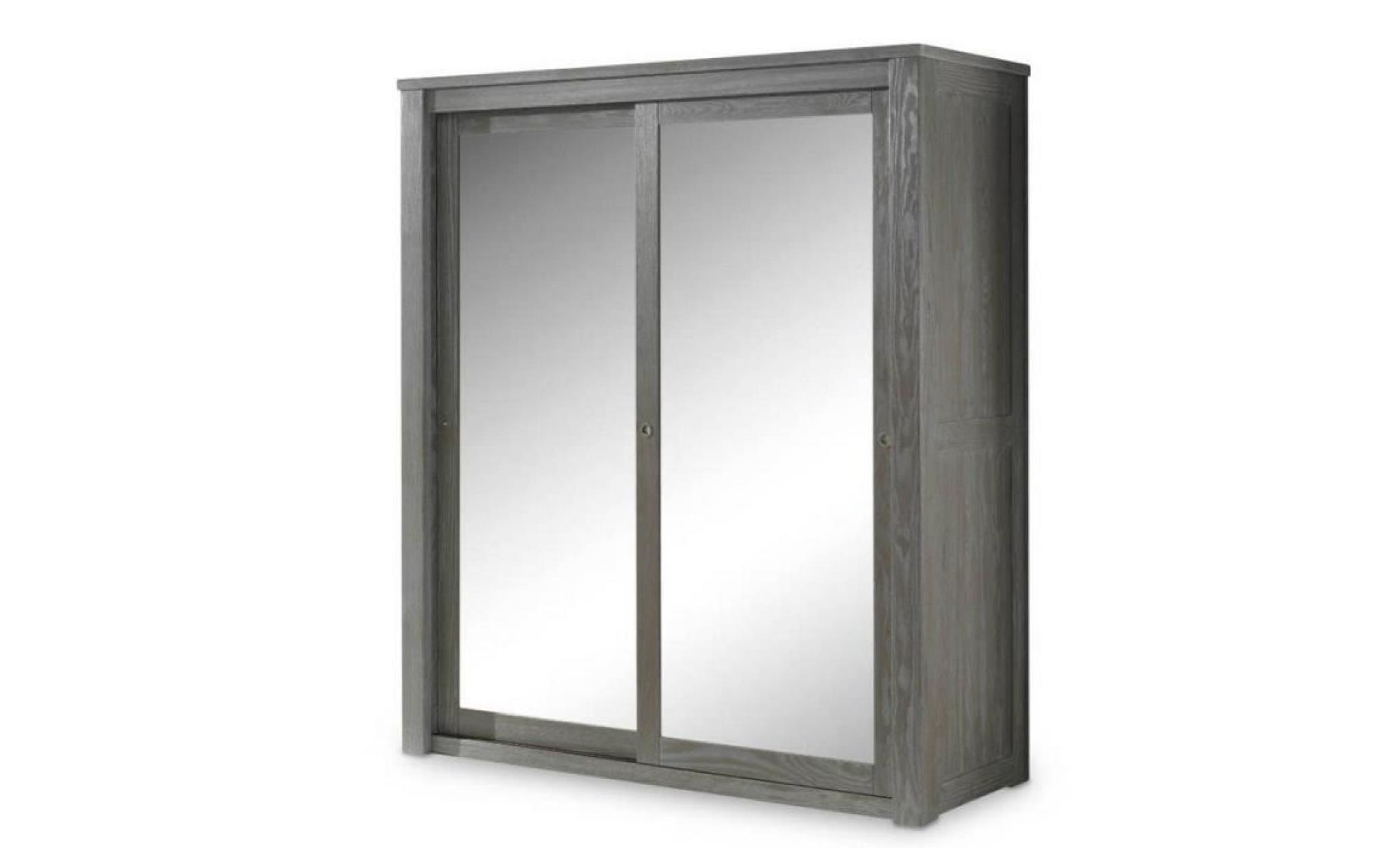 armoire 2 portes coulissantes miroir/bois massif gris   gabriel   l 180 x l 64 x h 202