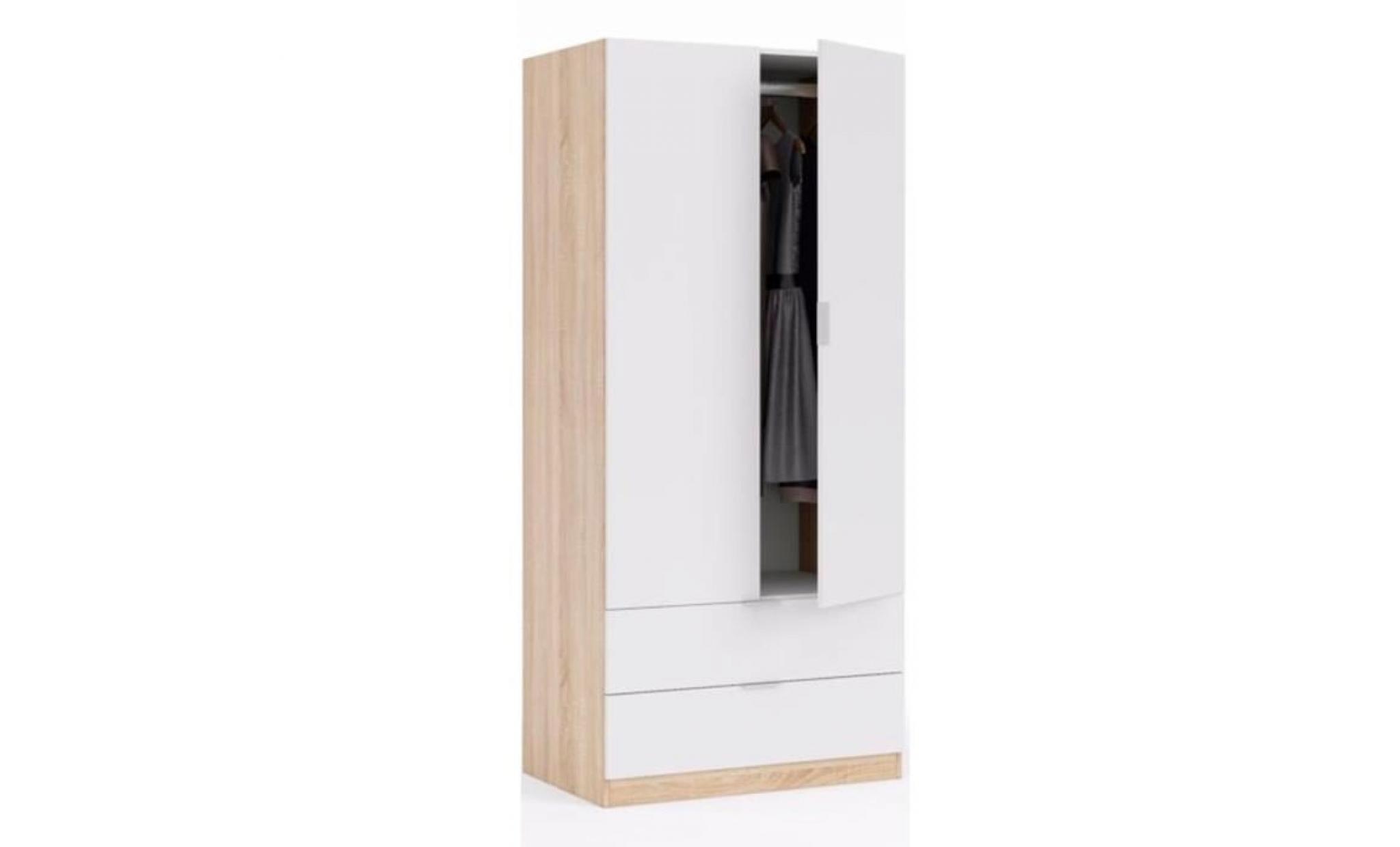 armoire avec 2 portes 2 tiroirs coloris chêne et blanc   dim : l 81 x h 180 x p 52 cm