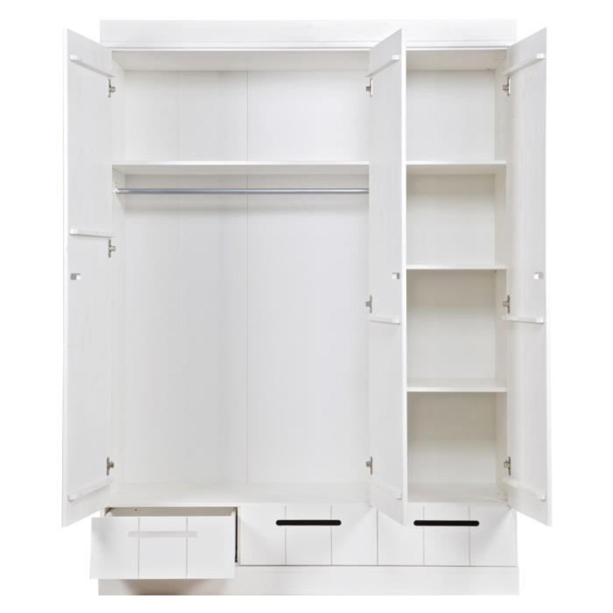 Armoire avec 3 portes + 3 tiroirs blanche en pin massif, H195 x L140 x P53 cm pas cher