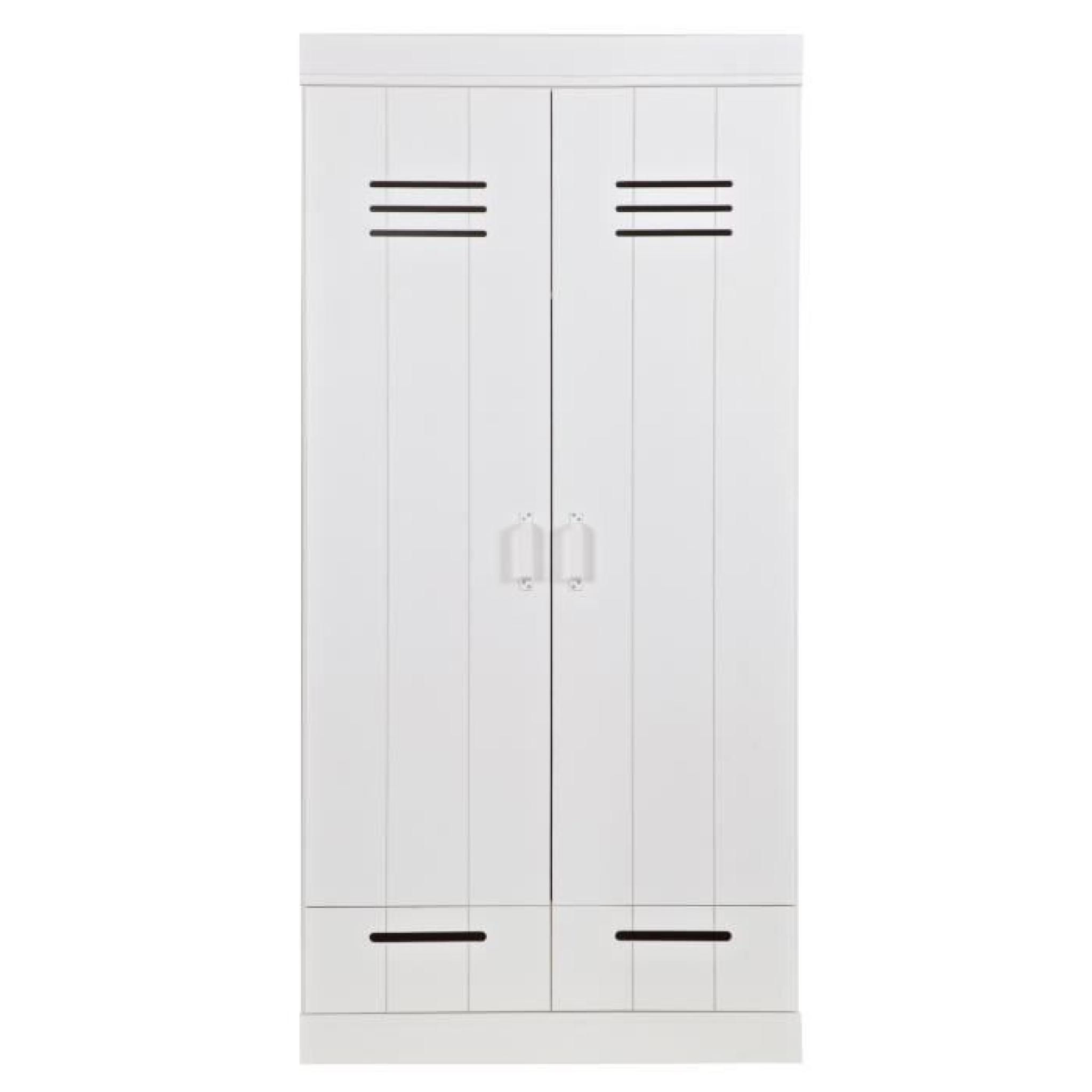 Armoire blanche avec 2 portes + 2 tiroirs en pin massif, H195 x L94 x P53 cm