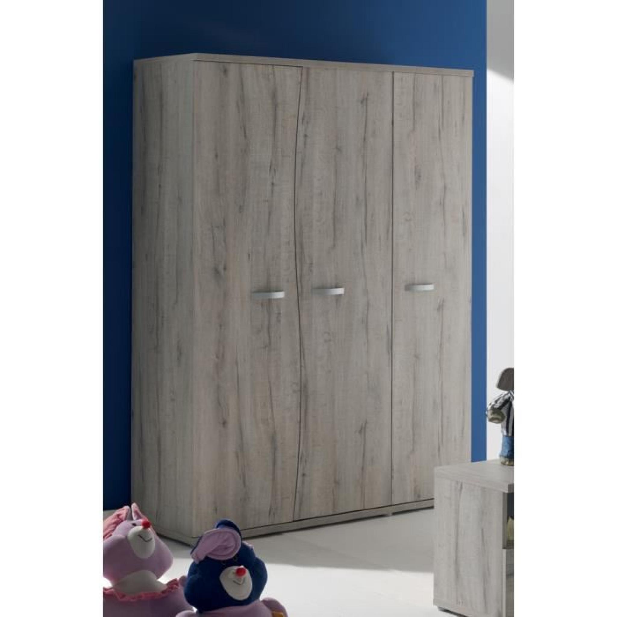 Armoire chambre bébé moderne 140cm 3 portes avec courbes coloris chêne gris pas cher