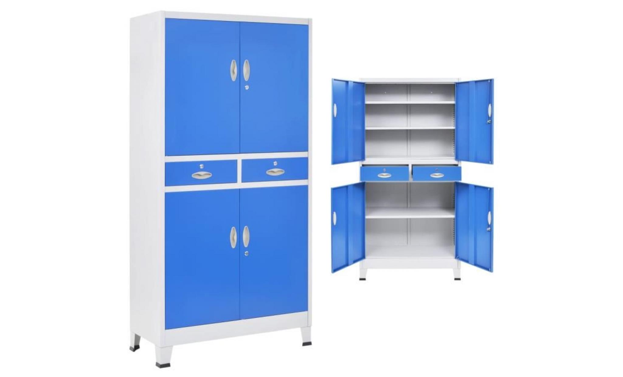 armoire de bureau avec 4 portes métal 90x40x180 cm gris et bleu