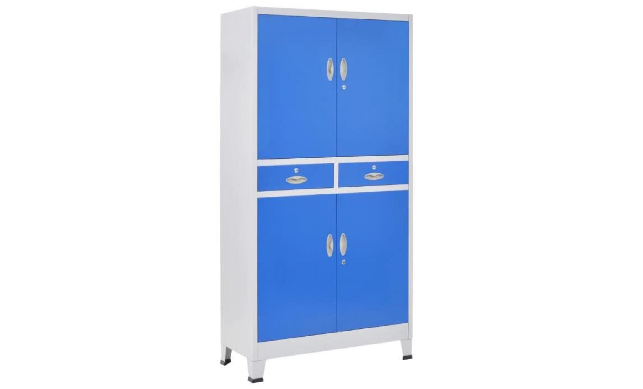 armoire de bureau avec 4 portes métal 90x40x180 cm gris et bleu pas cher