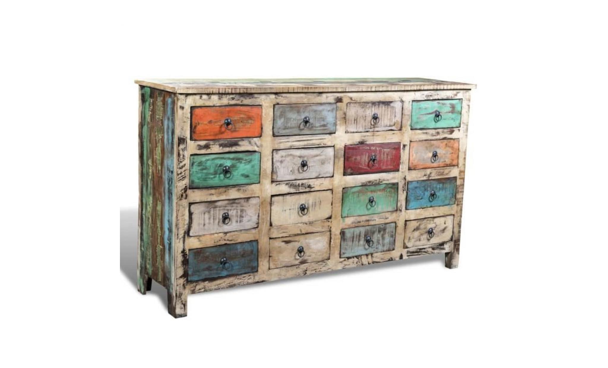 armoire de chambre meuble de rangement avec 16 tiroirs bois massif de récupération multicolore 154 x 42 x 92 cm