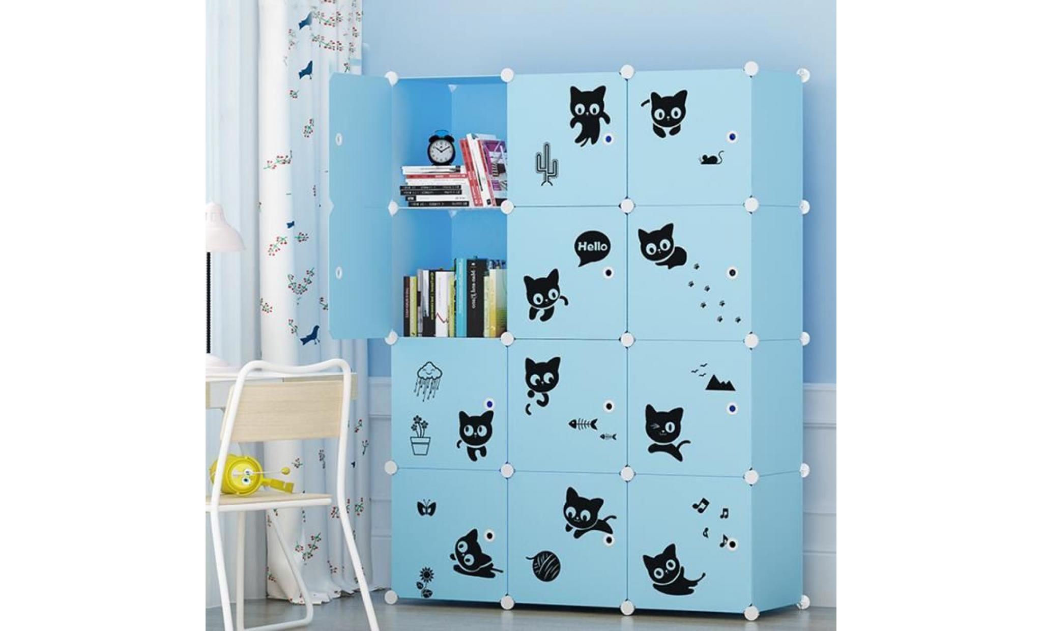 armoire etagère plastique enfants 12 cubes bleu, armoires meubles de rangement pour vêtements chaussures jouets en chat