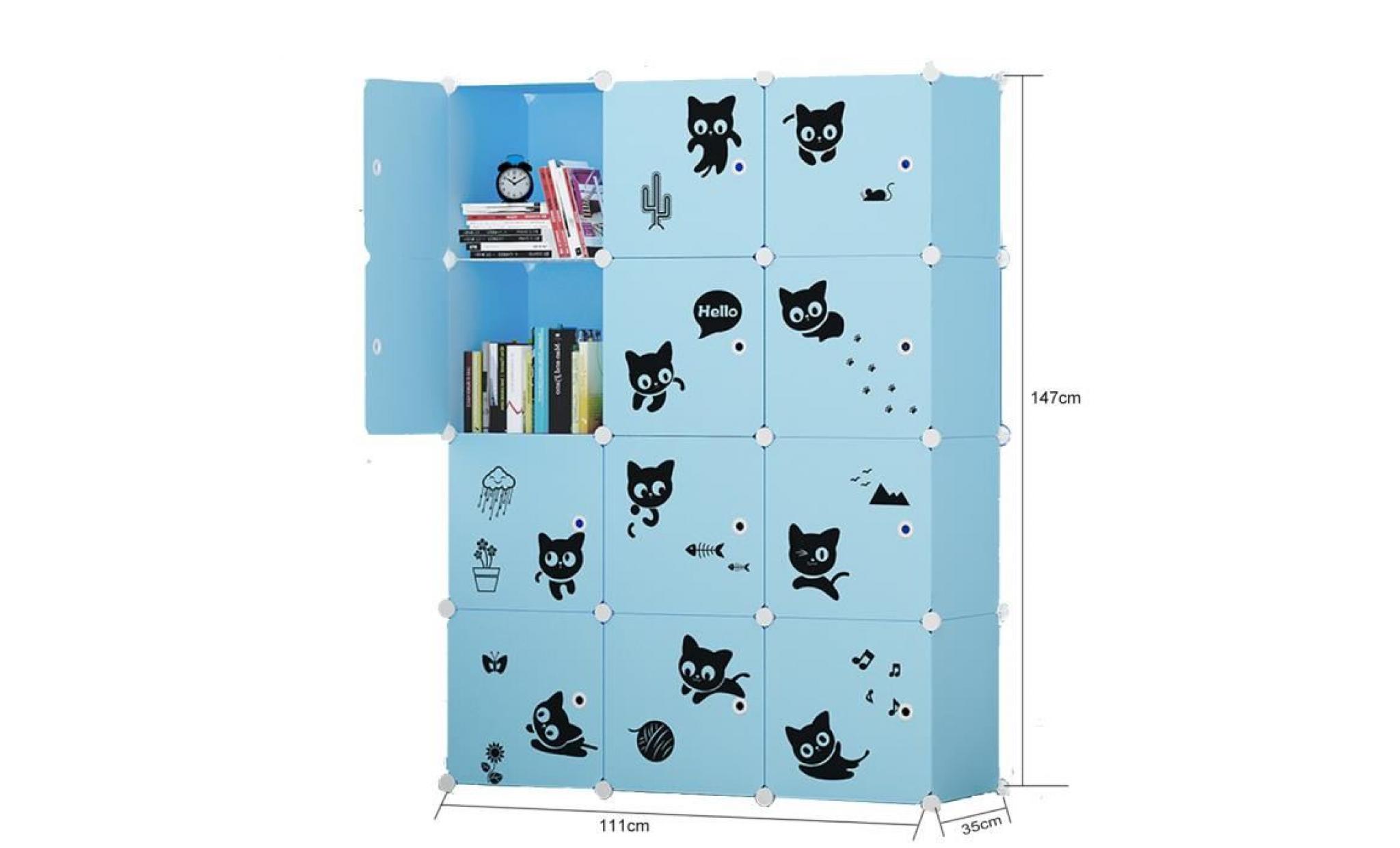 armoire etagère plastique enfants 12 cubes bleu, armoires meubles de rangement pour vêtements chaussures jouets en chat pas cher