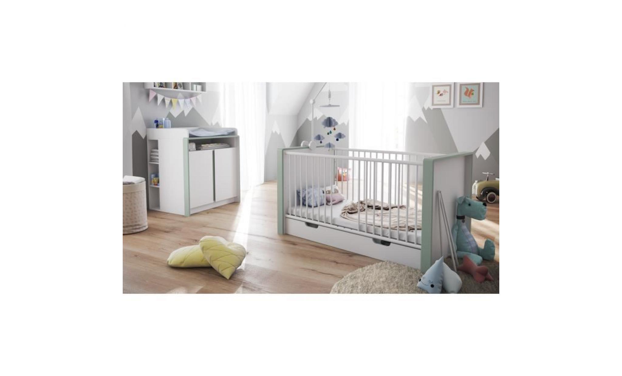 armoire garderobe chambre bébé   enfants évolutif nandini, corps en blanc mat, bandeaux en jade pas cher