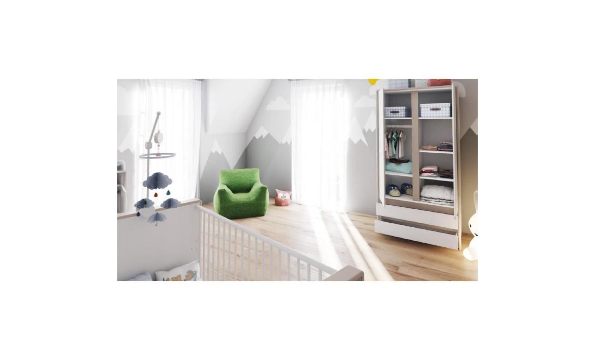 armoire garderobe chambre bébé   enfants évolutif nandini, corps en blanc mat, bandeaux en mocca pas cher