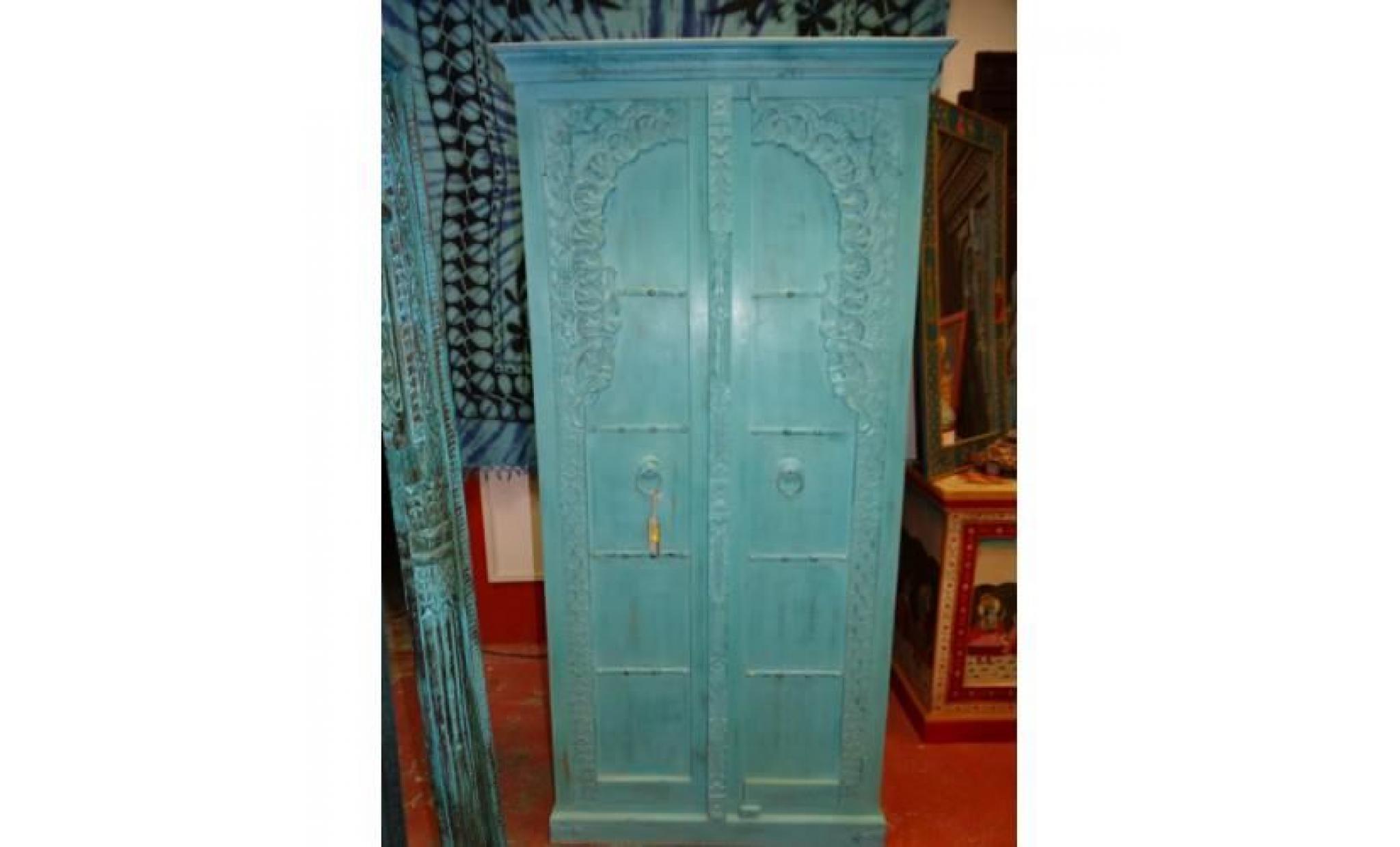 armoire indienne avec arche et portes pleines de couleur turquoise pas cher