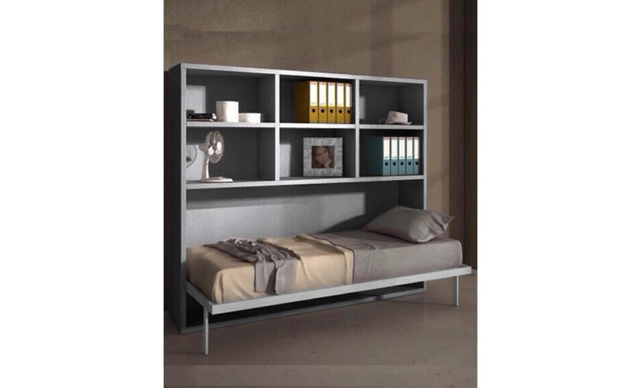 armoire lit escamotable horizontale 90 x 190 et étagères pieds à retournement automatique   joy pas cher