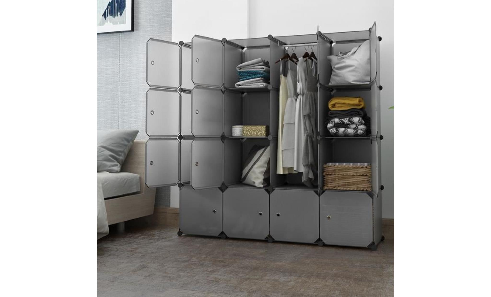 armoire penderie 16 cubes langria modulaire Étagères de rangement plastique meuble multifonctionnel avec tige suspendue gris