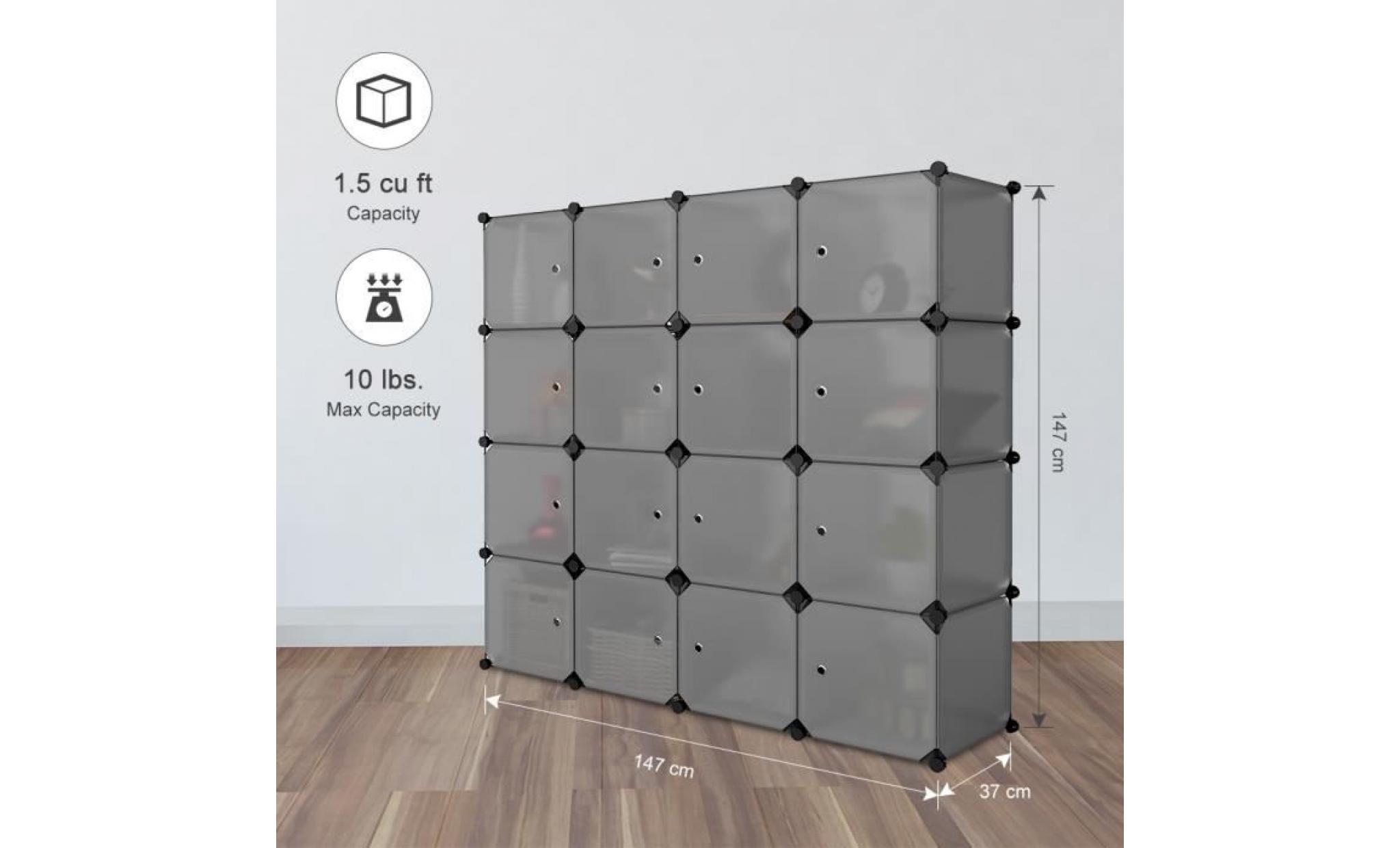 armoire penderie 16 cubes langria modulaire Étagères de rangement plastique meuble multifonctionnel avec tige suspendue gris pas cher