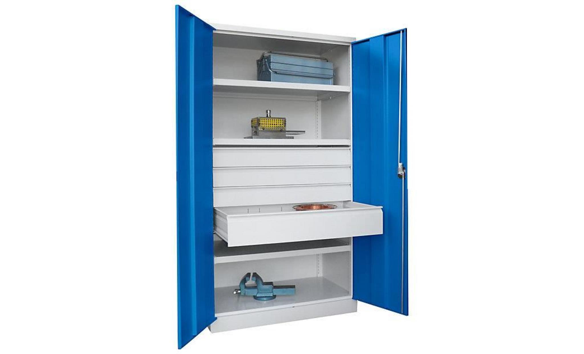 armoire pour charges lourdes, hauteur 1950 mm   3 tablettes, 4 tiroirs   gris/bleu  
