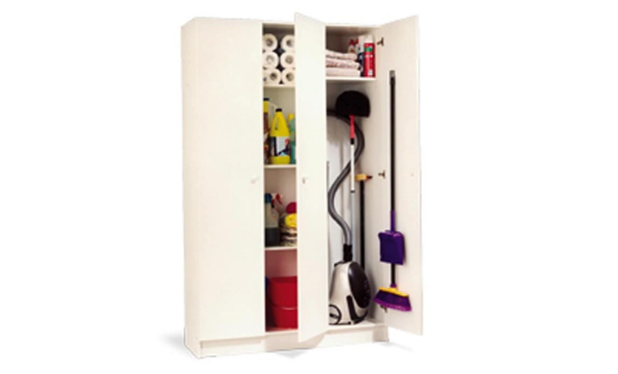 armoire rangement nettoyage 3 portes en mélamine coloris blanc   dim : h180 x l108,8 x p37 cm pas cher