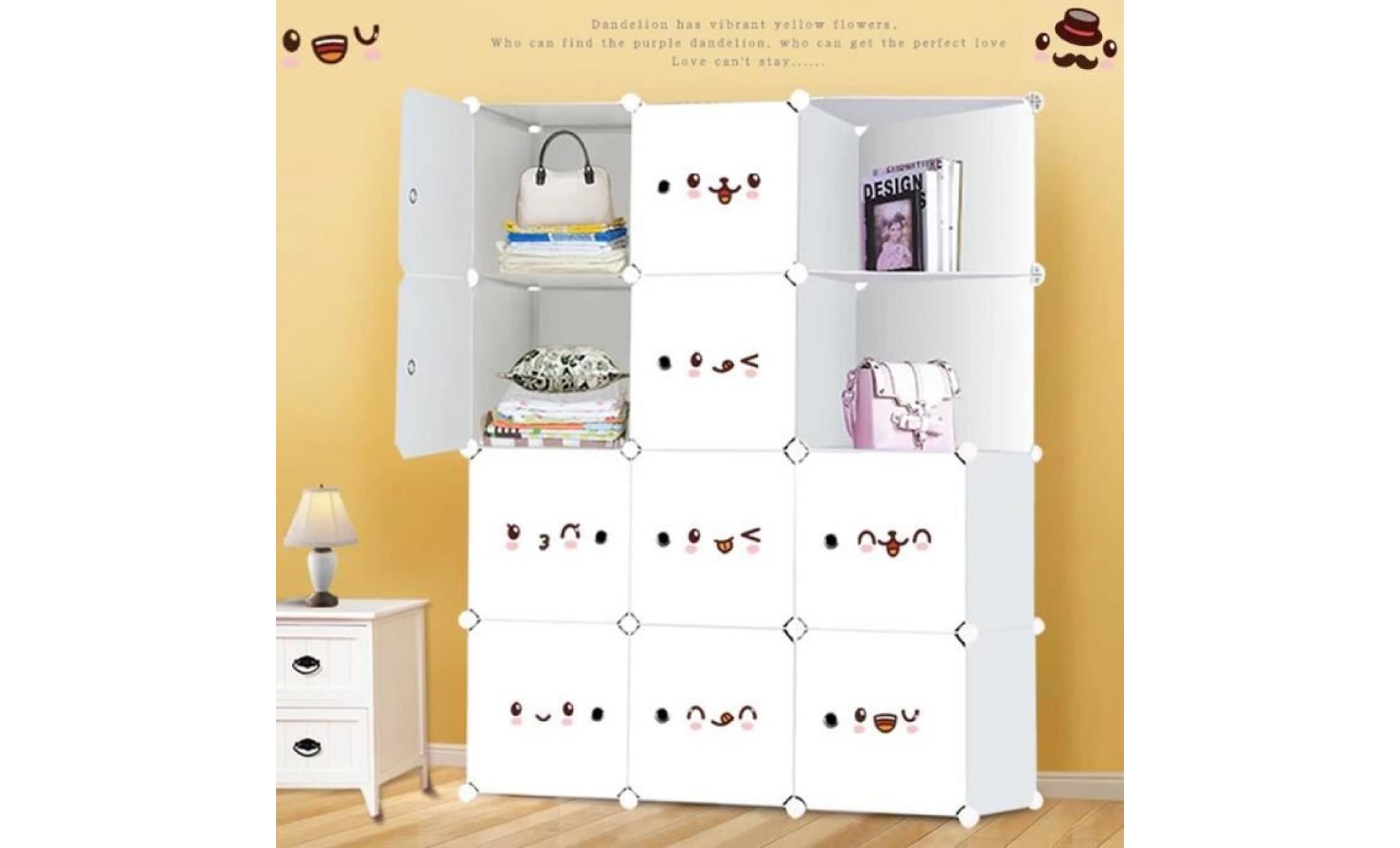 armoire de rangement plastiques enfants 12 cubes blanc,armoire penderie meuble de chambre pour vêtements chaussures jouets cartoon