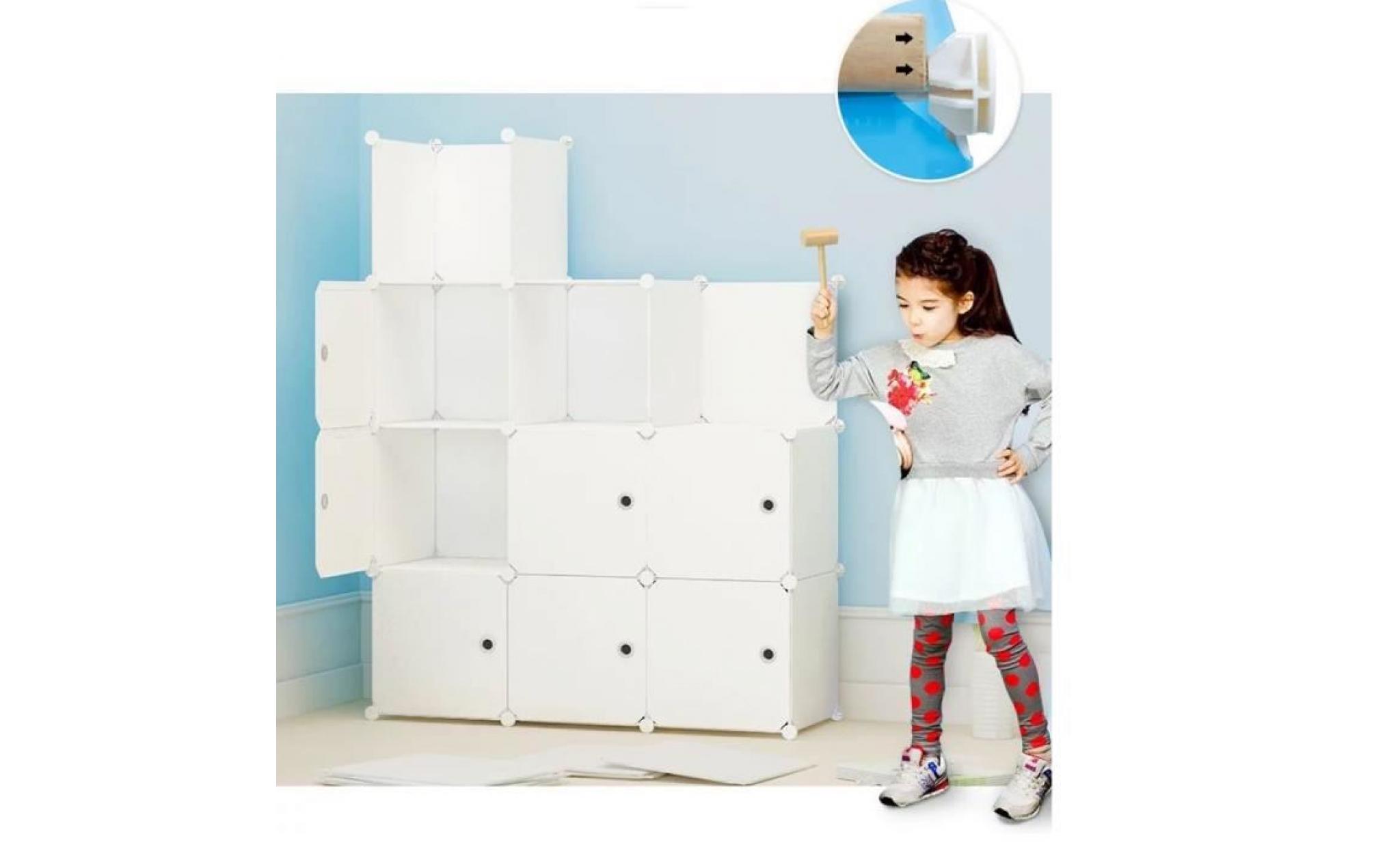 armoire de rangement plastiques enfants 12 cubes blanc,armoire penderie meuble de chambre pour vêtements chaussures jouets cartoon pas cher