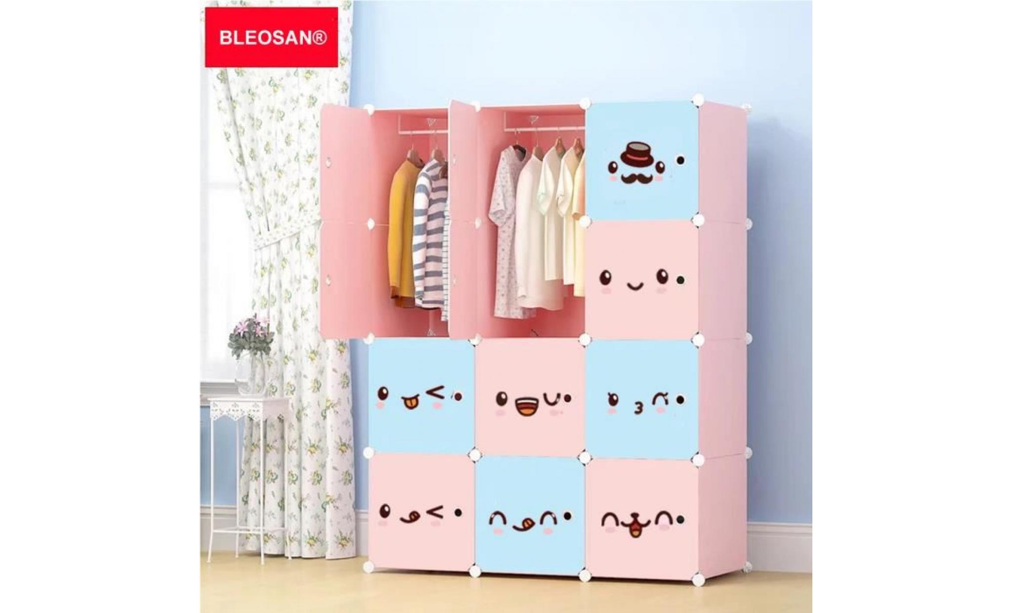 armoire de rangement plastique enfants 12 cubes rose, armoire chambre meuble de rangement pour vêtements chaussures jouets emoij