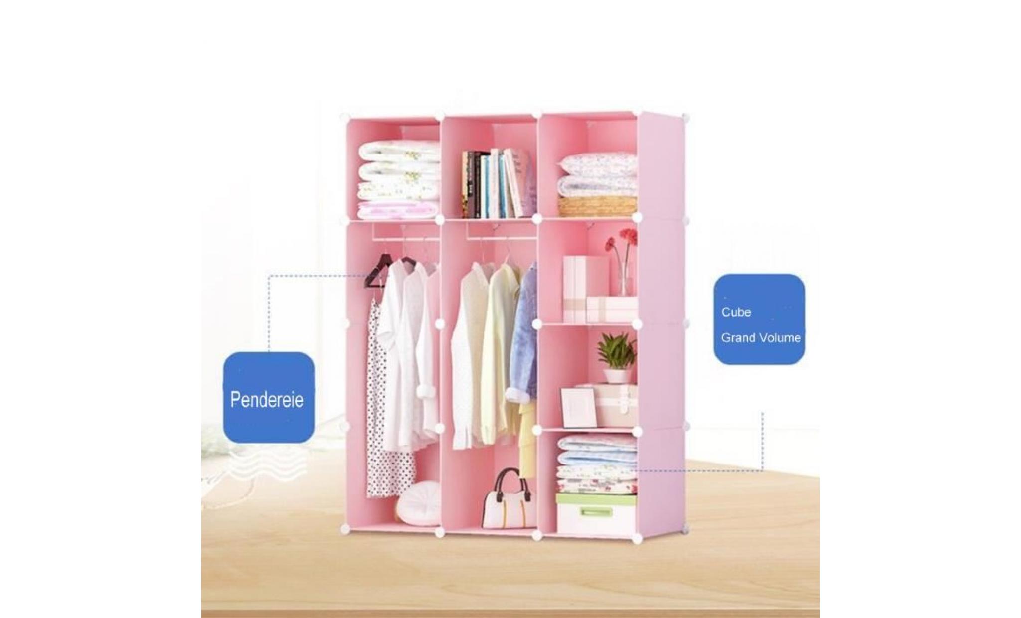 armoire de rangement plastique enfants 12 cubes rose, armoire chambre meuble de rangement pour vêtements chaussures jouets emoij pas cher