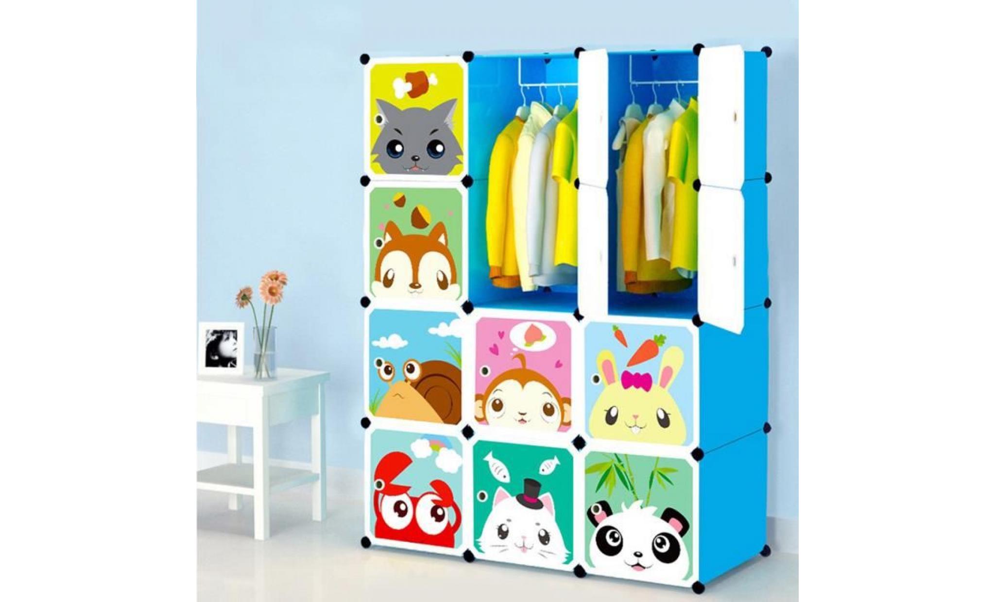 armoires etagères plastiques enfants bleu, 12 cubes armoires meubles de rangement pour vêtements chaussures jouets cartoon